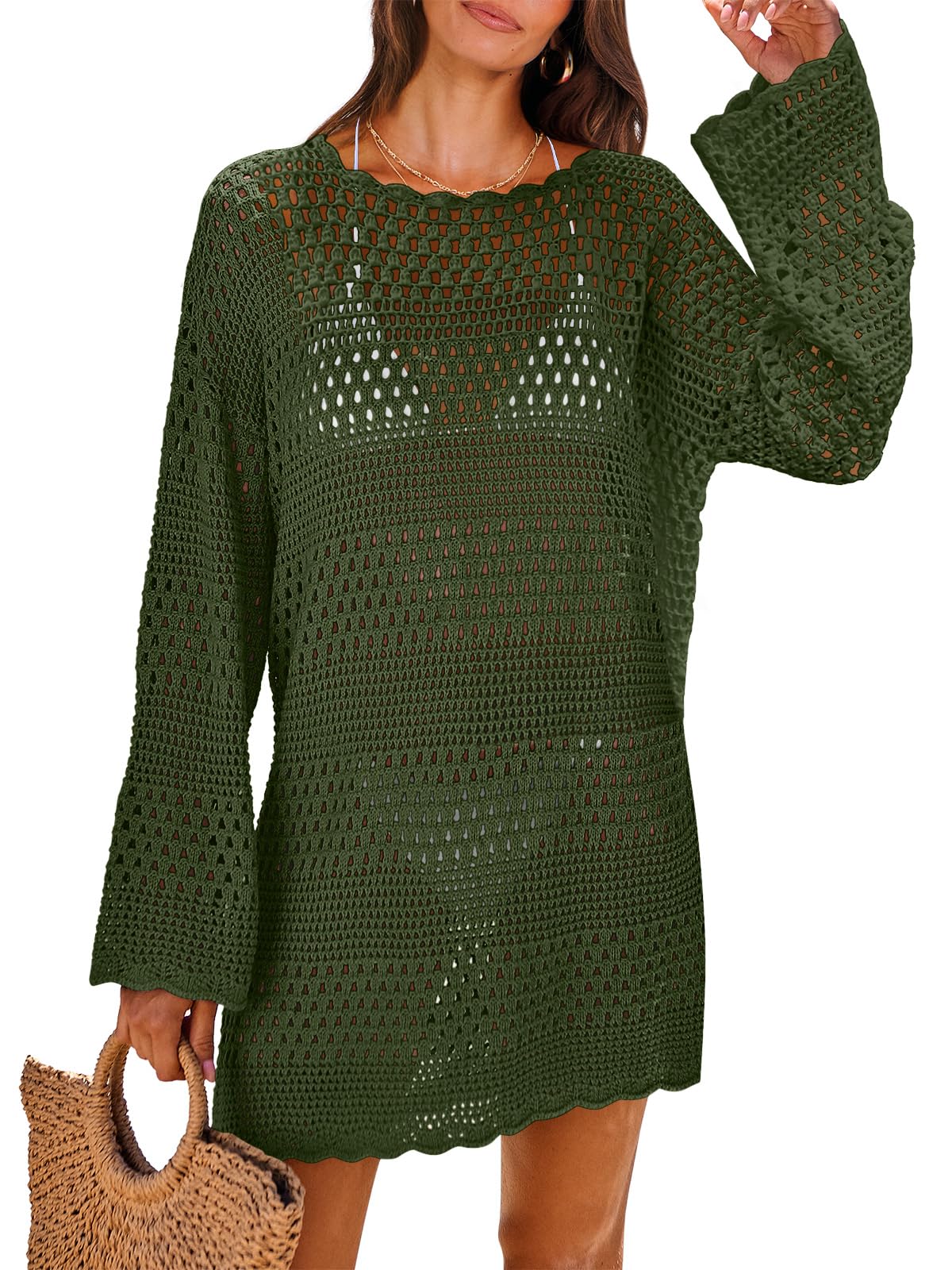 ANRABESS Women Swimsuit Crochet Swim Cover Up 2025 Summer Bathing Suit Swimwear Mesh Knit Beach Dress Vacation Outfits