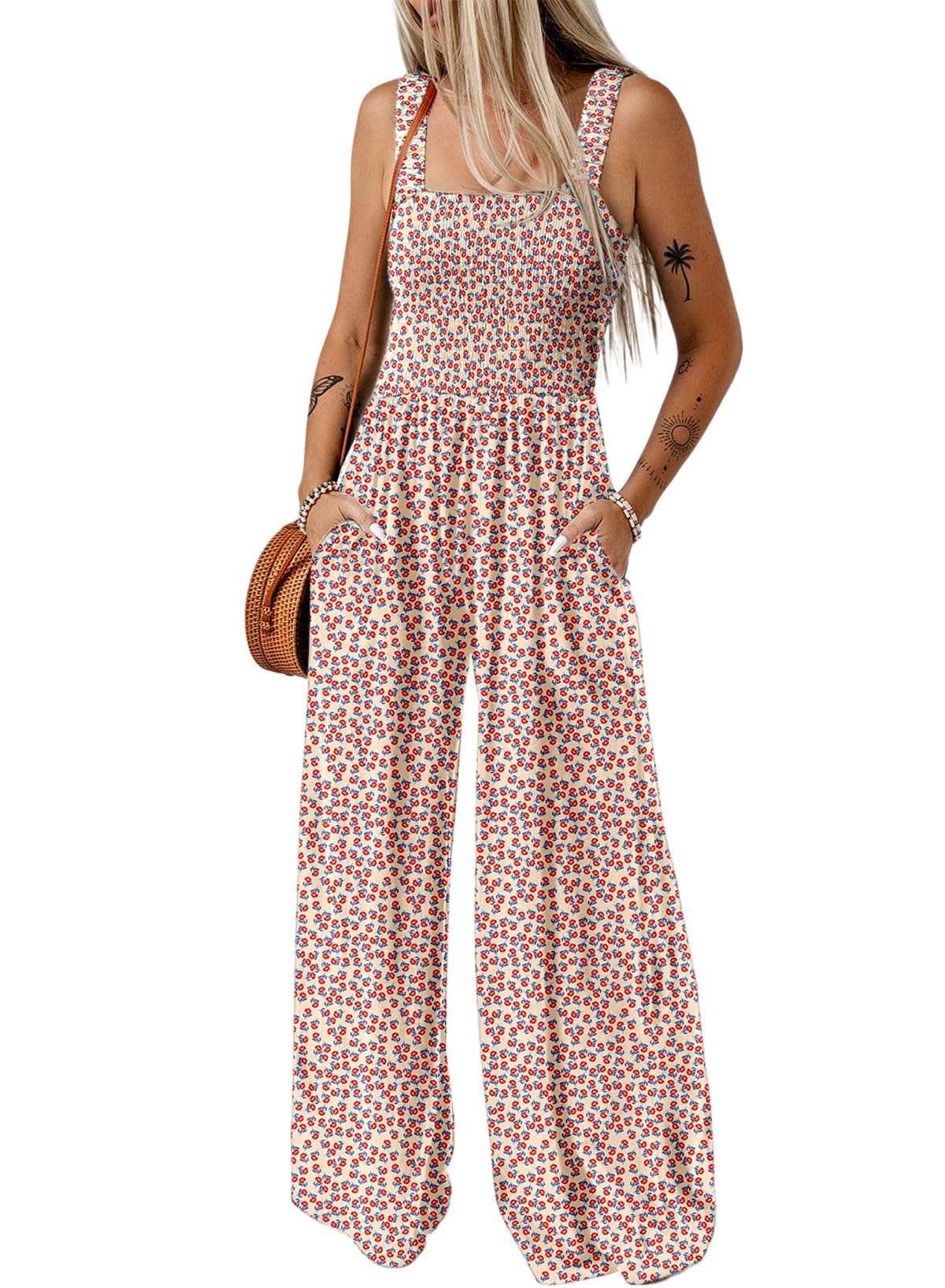 Dokotoo Women's Casual Loose Overalls Jumpsuits One Piece Sleeveless Printed Wide Leg Long Pant Rompers With Pockets