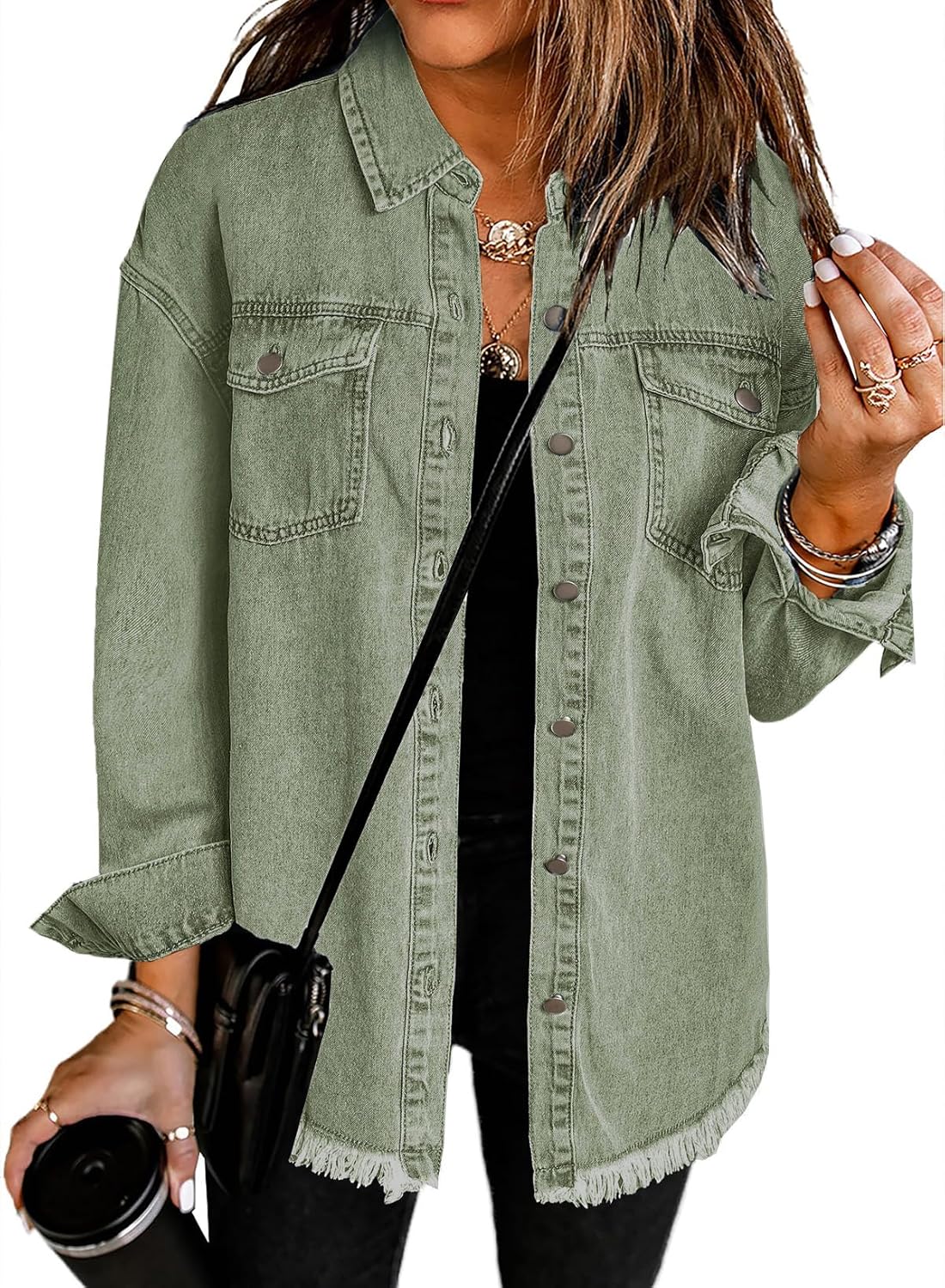 Dokotoo Women's Oversized Denim Jacket Casual Long Sleeve Denim Shirts Distresse Jean Jacket Fall Outfits 2025