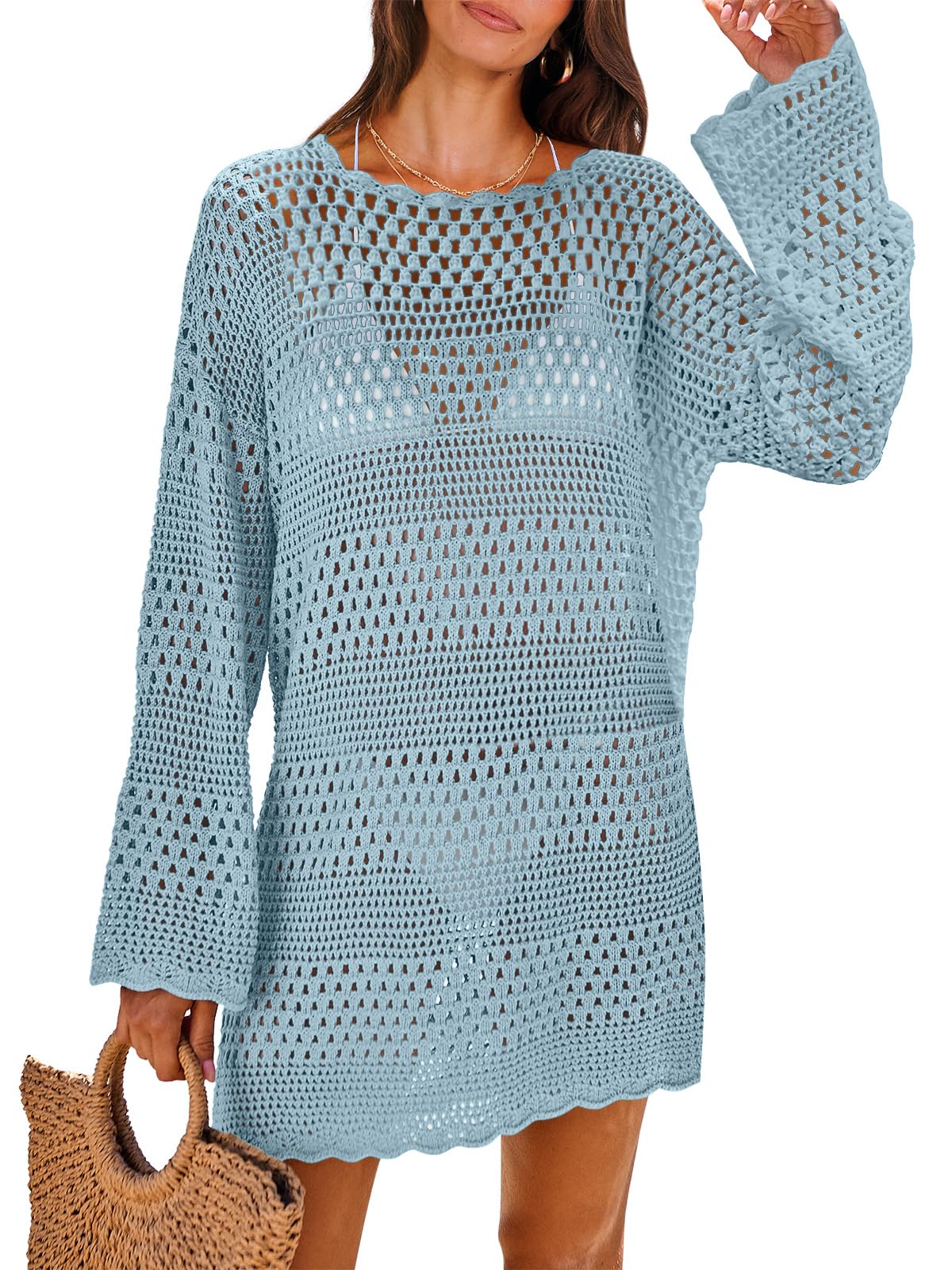 ANRABESS Women Swimsuit Crochet Swim Cover Up 2025 Summer Bathing Suit Swimwear Mesh Knit Beach Dress Vacation Outfits