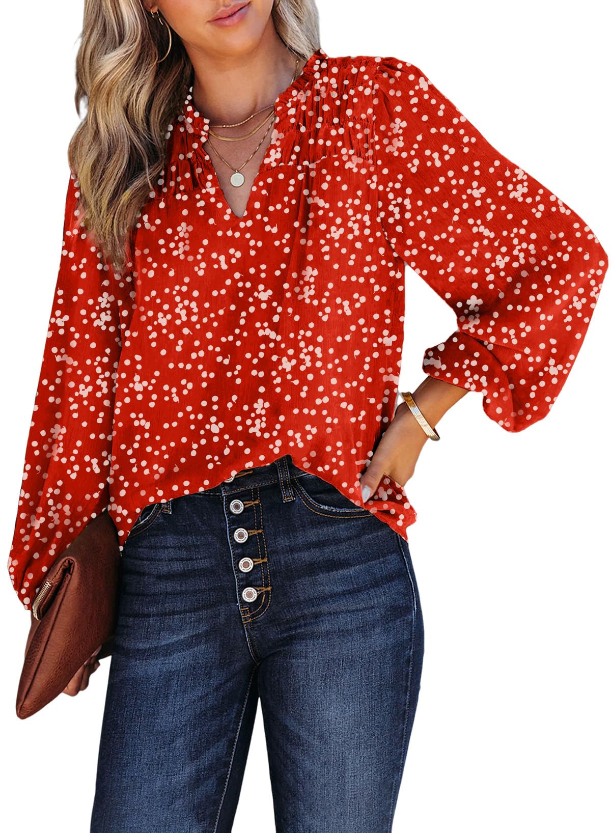 Dokotoo Women's Casual V Neck Alicia Floral Print Smocked Long Sleeve Chiffon Blouses Bohemian Top Shirts