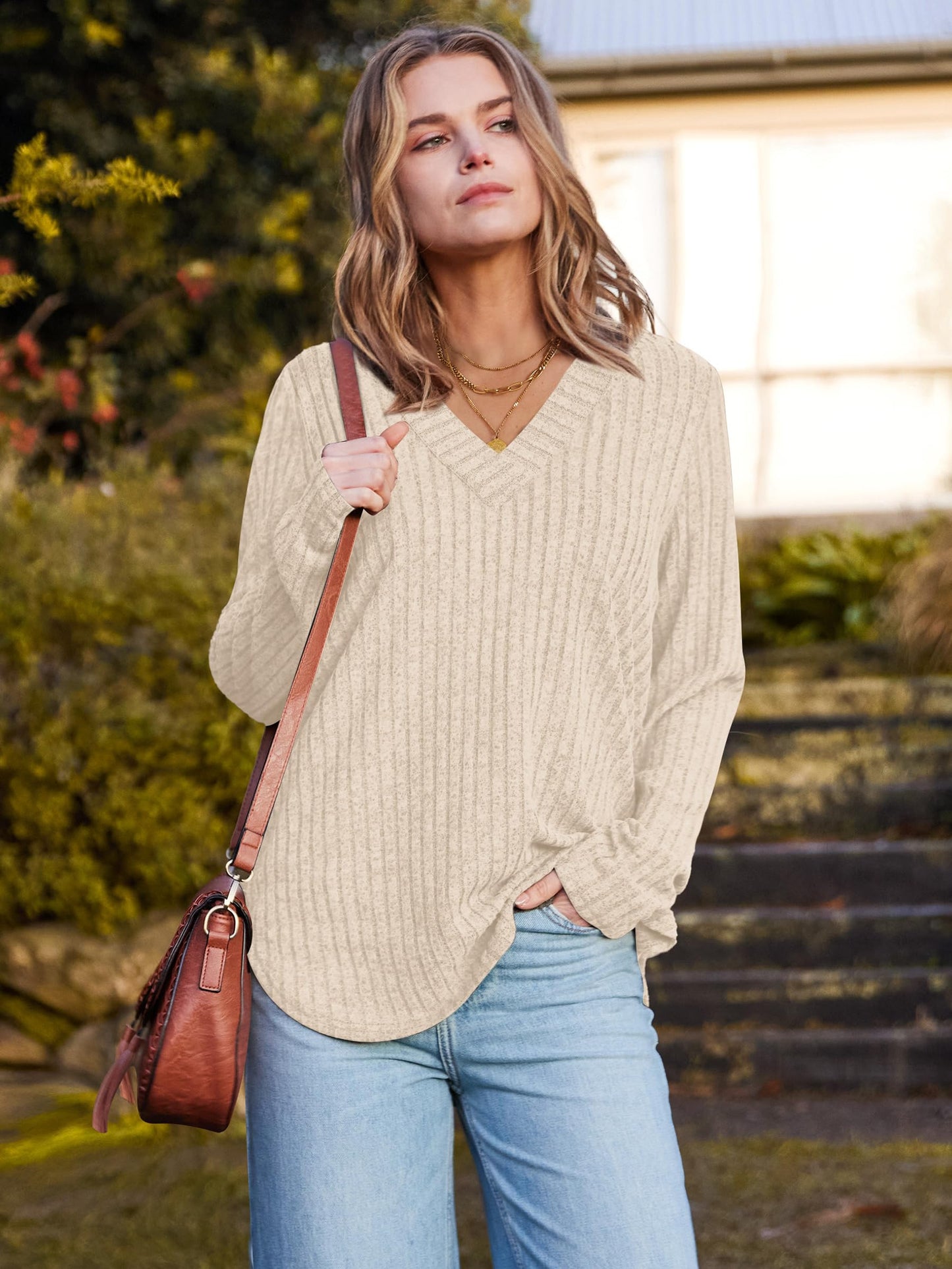 WIHOLL Long Sleeve Shirts for Women V Neck Tops Tunic Fall Winter Sweaters 2025 Clothes