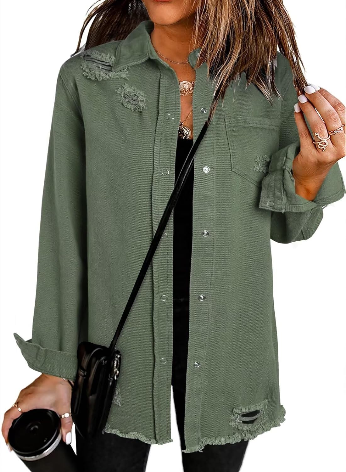 Dokotoo Women's Oversized Denim Jacket Casual Long Sleeve Denim Shirts Distresse Jean Jacket Fall Outfits 2025