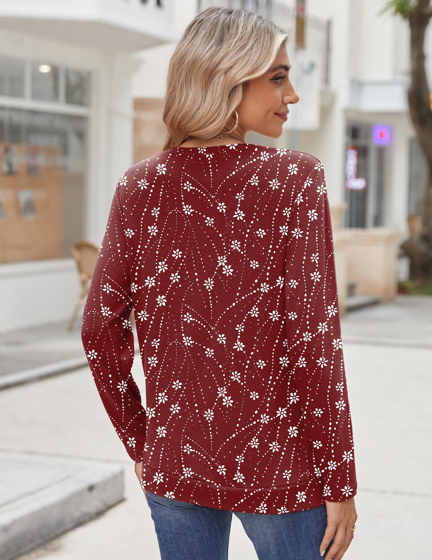 Zeagoo Womens Tops 2025 Long Sleeve Shirts for Fall Round Neck Blouses Floral Tunic Tops with Buttons Decor