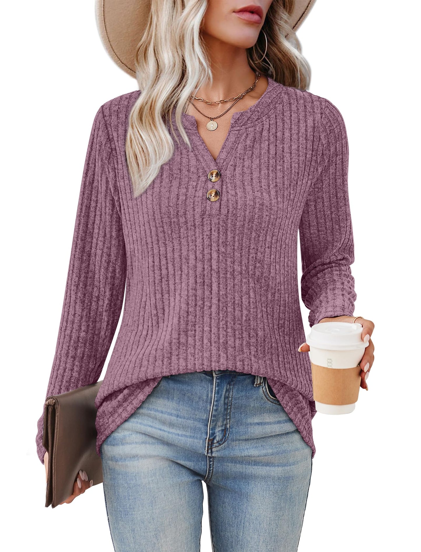 SAMPEEL Womens Sweaters Lightweight Long Sleeve Shirts V Neck Tops with Button Fall Outfits 2025