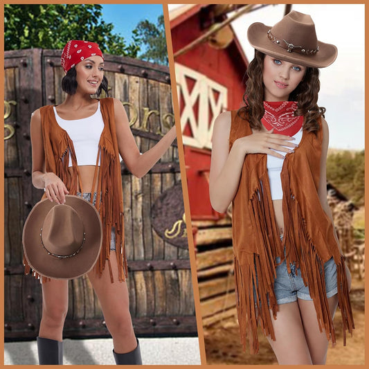 Western Outfits for Women Cowgirl Tassel Sleeveless Vest Cowboy Hat and Paisley Bandana
