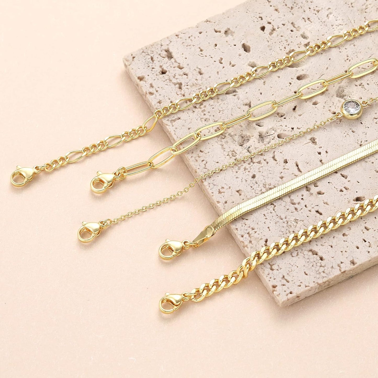 DEARMAY Waterproof Gold Bracelets Set for Women Trendy, Dainty 14K Real Gold Plated Jewelry Fashion Stackable Tennis Beaded Figaro Herringbone Paperclip Link Bracelet Pack Stack Gifts for Women
