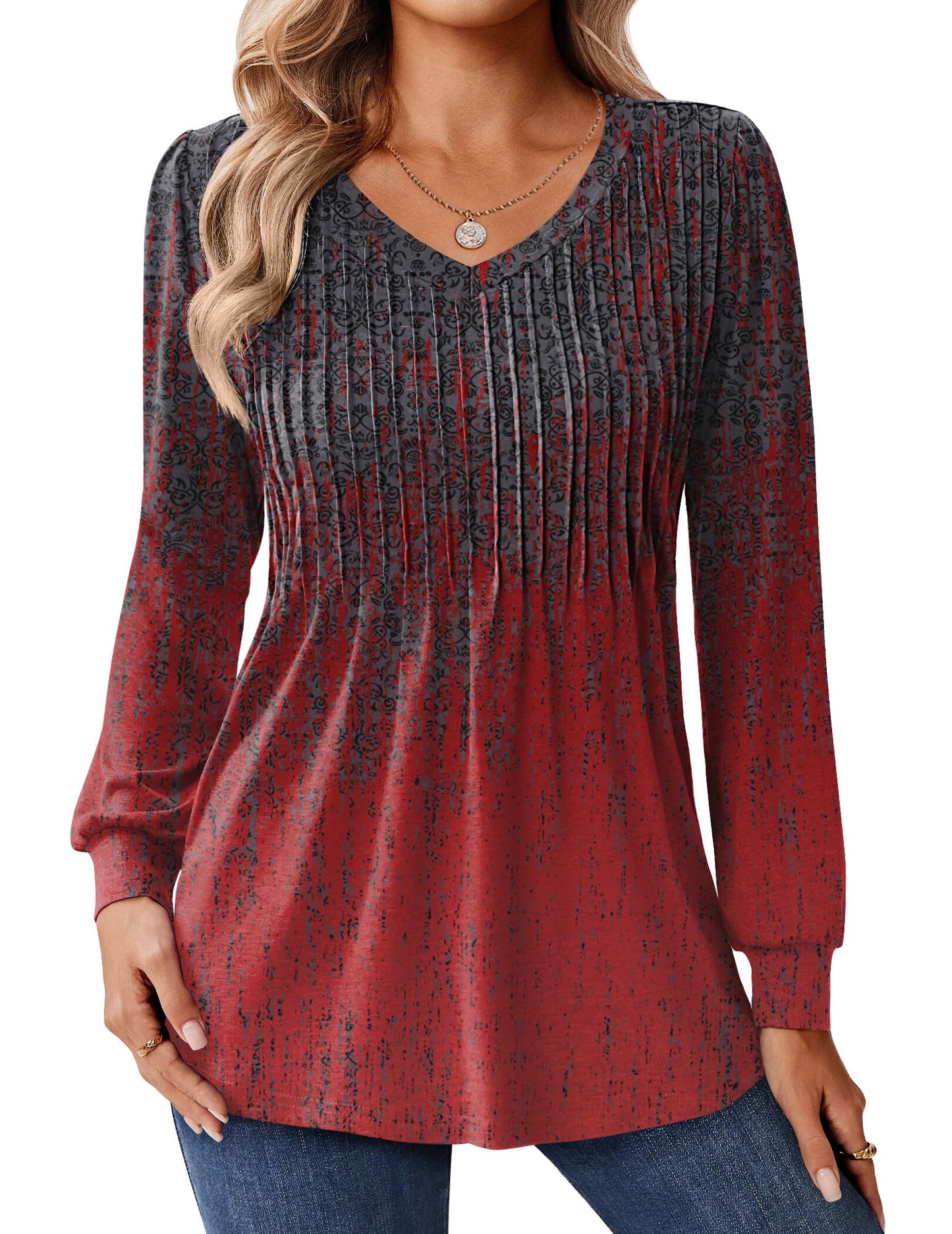 Zeagoo Long Sleeve Shirts for Women Casual V Neck Top Pleated Floral Boho Blouses 2025 Fall Tunics