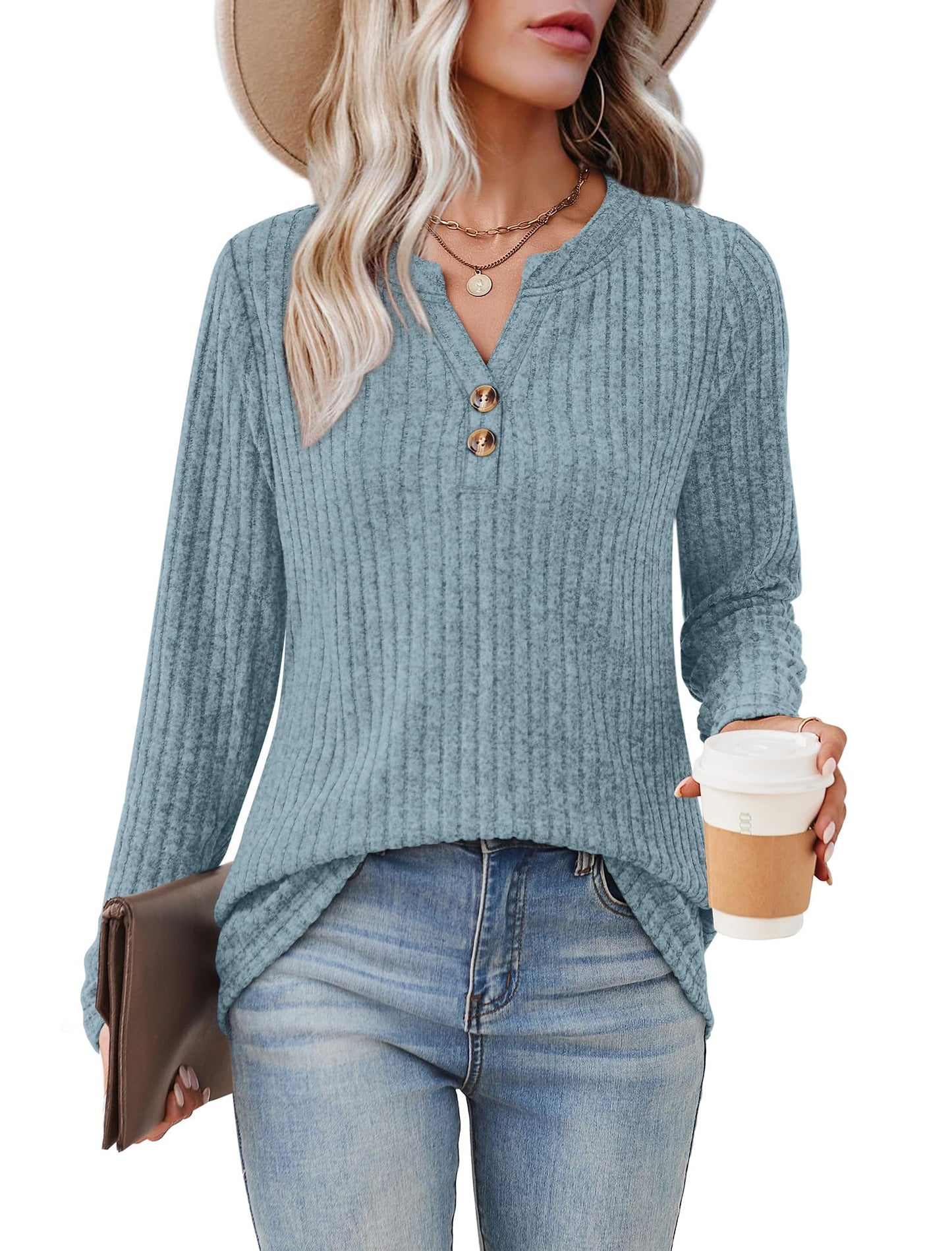 SAMPEEL Womens Sweaters Lightweight Long Sleeve Shirts V Neck Tops with Button Fall Outfits 2025