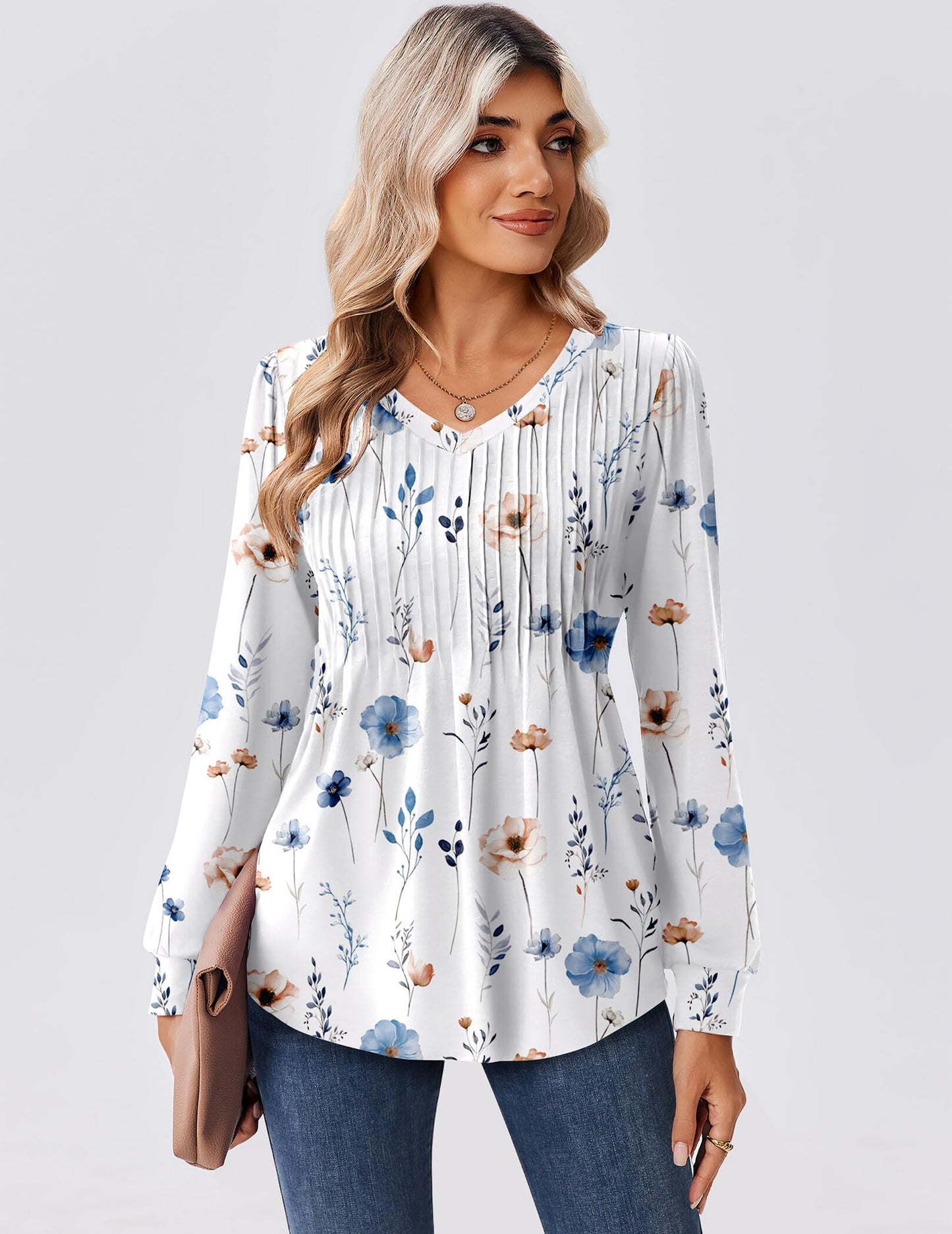 Zeagoo Long Sleeve Shirts for Women Casual V Neck Top Pleated Floral Boho Blouses 2025 Fall Tunics