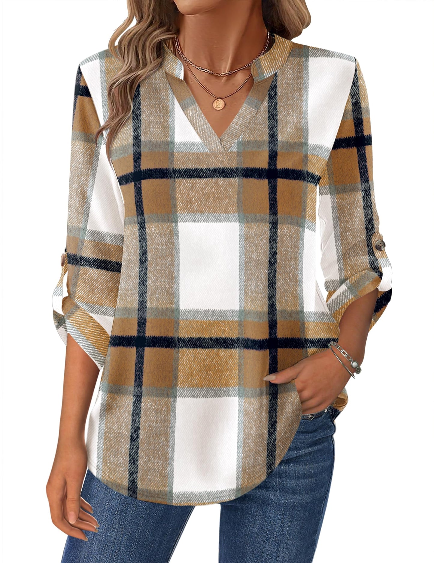 Zeagoo Womens Roll Up Long Sleeve Tops V Neck Shirts Dressy Casual Work Blouses S-2XL