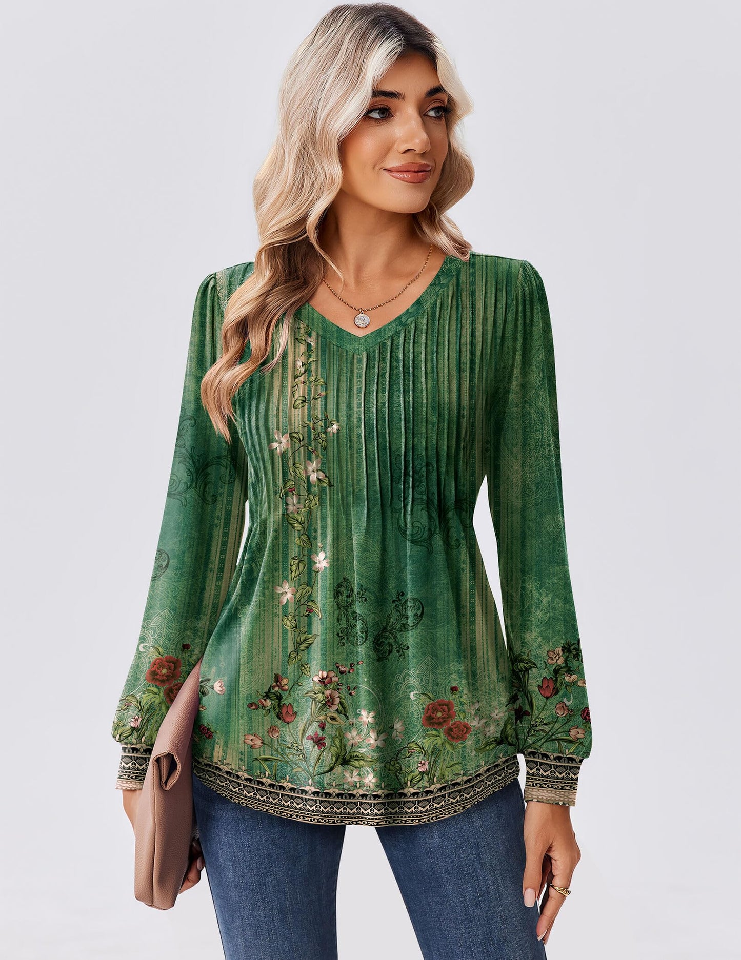 Zeagoo Long Sleeve Shirts for Women Casual V Neck Top Pleated Floral Boho Blouses 2025 Fall Tunics