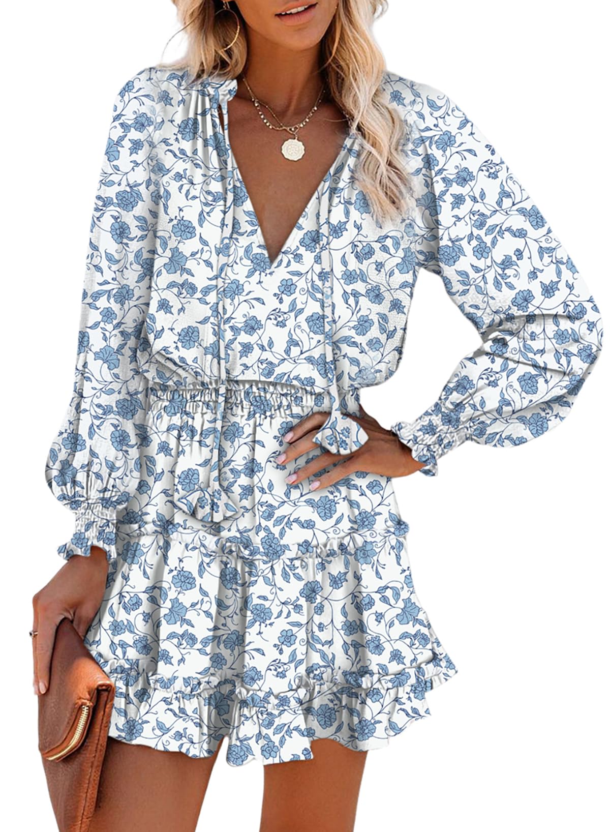 Dokotoo Fall Dresses for Women 2025 Boho Floral Drawstring V Neck Smocked Long Sleeve Ruffle Tiered Chiffon Mini Dress