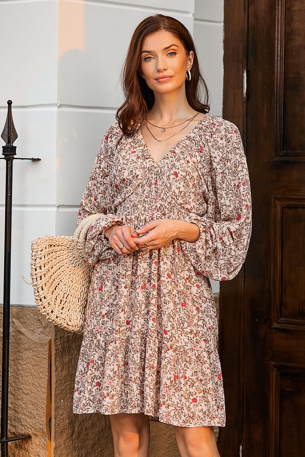 Dokotoo Fall Dresses for Women 2025 Boho Floral V Neck Long Sleeve Smocked Elastic Waist Casual A-Line Mini Dress Sundress