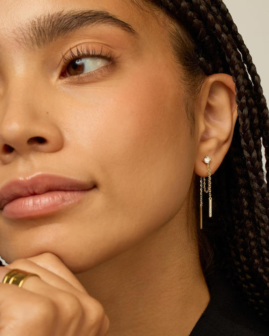 PAVOI 18K Gold Plated Sterling Silver Posts Drop Dangle Chain Earrings for Women | Dangling Chain Studs | Cubic Zirconia Ball Threader Earscapes Earrings