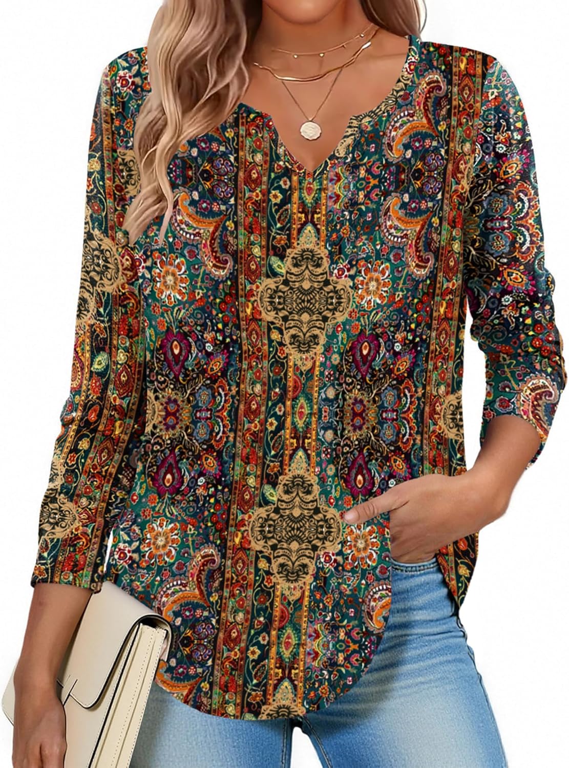 Zeagoo Boho Tops for Women Long Sleeve V Neck Fall Shirt Casual Dressy Blouse Tunic Business Work Clothes School Outfits