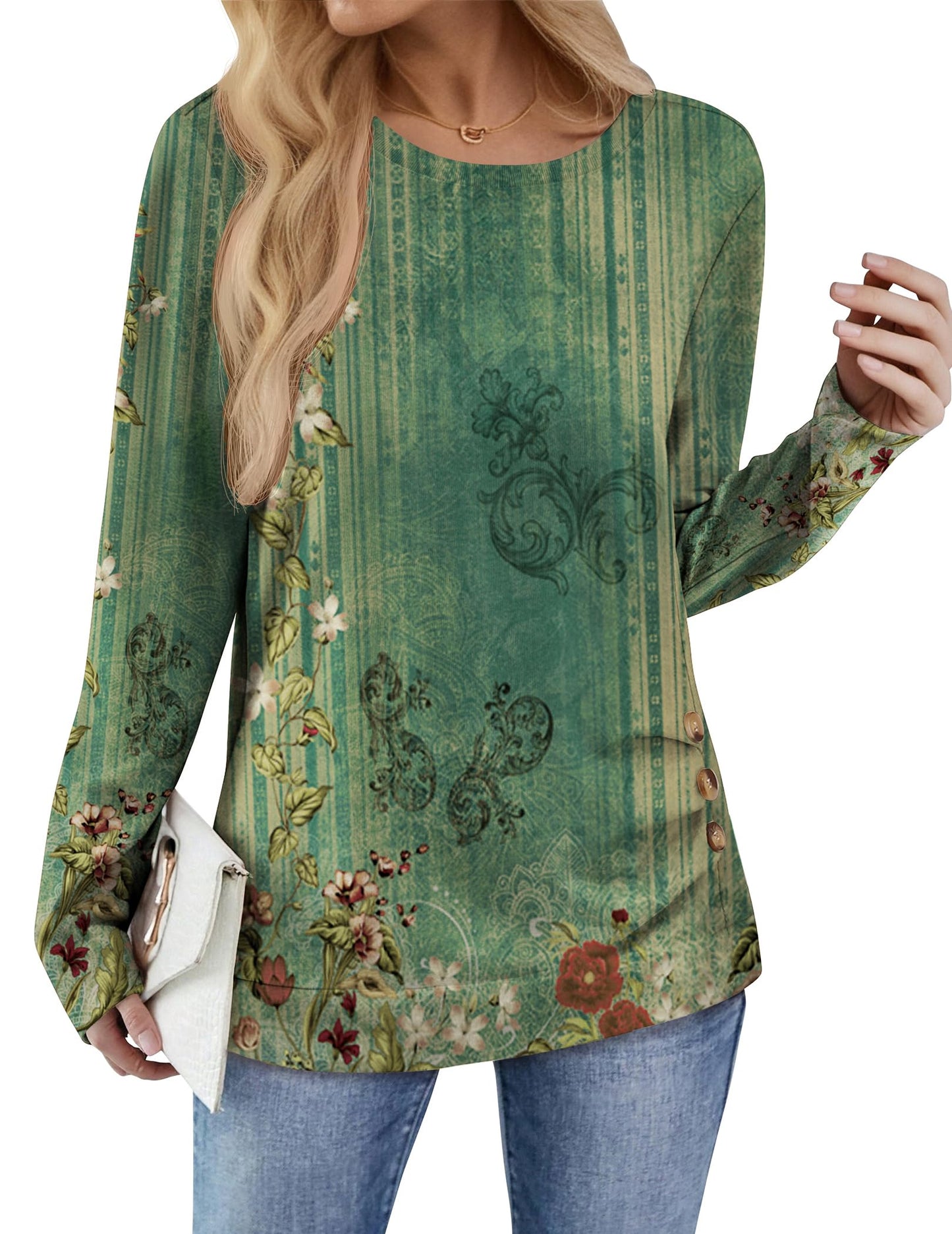 Zeagoo Womens Tops 2025 Long Sleeve Shirts for Fall Round Neck Blouses Floral Tunic Tops with Buttons Decor