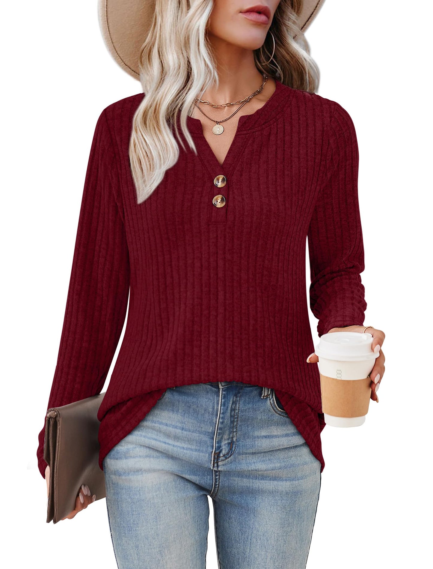 SAMPEEL Womens Sweaters Lightweight Long Sleeve Shirts V Neck Tops with Button Fall Outfits 2025