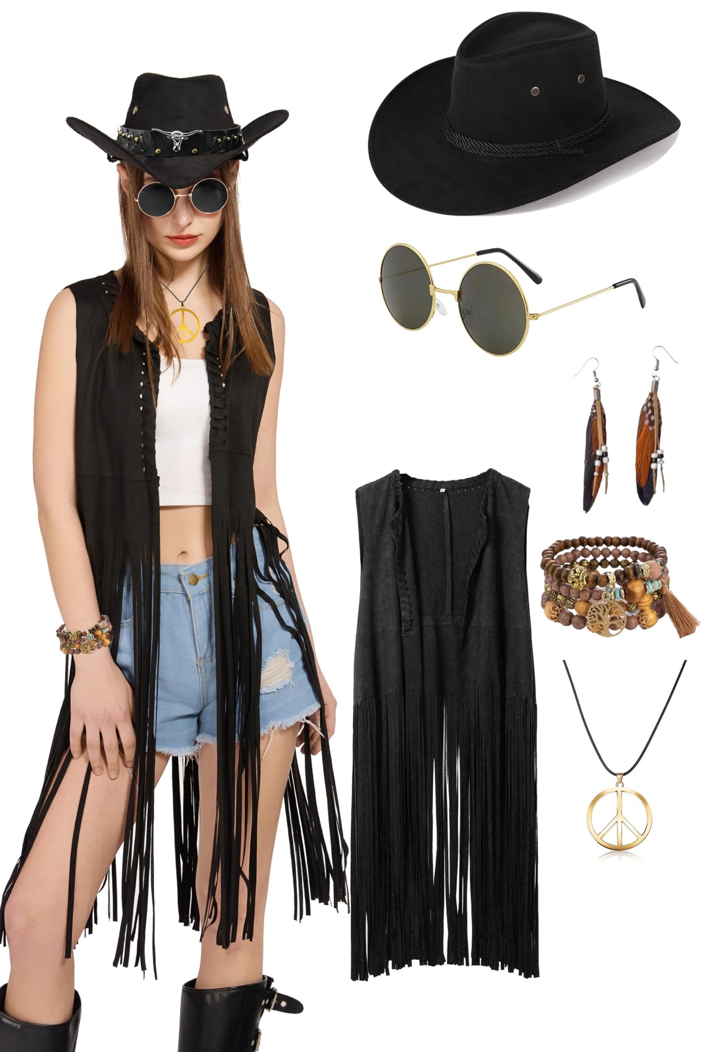 6 PC Cowgirl Western Outfits for Women Retro Cowgirl Costumes Fringe Vest Cow Girl Hat for Women Country 70s Hippie Outits