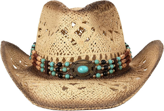 Men's Women's Straw Cowboy Hat Cowgirl Woven Sun Hat Western Cowboy Hat Two Decorative Bands