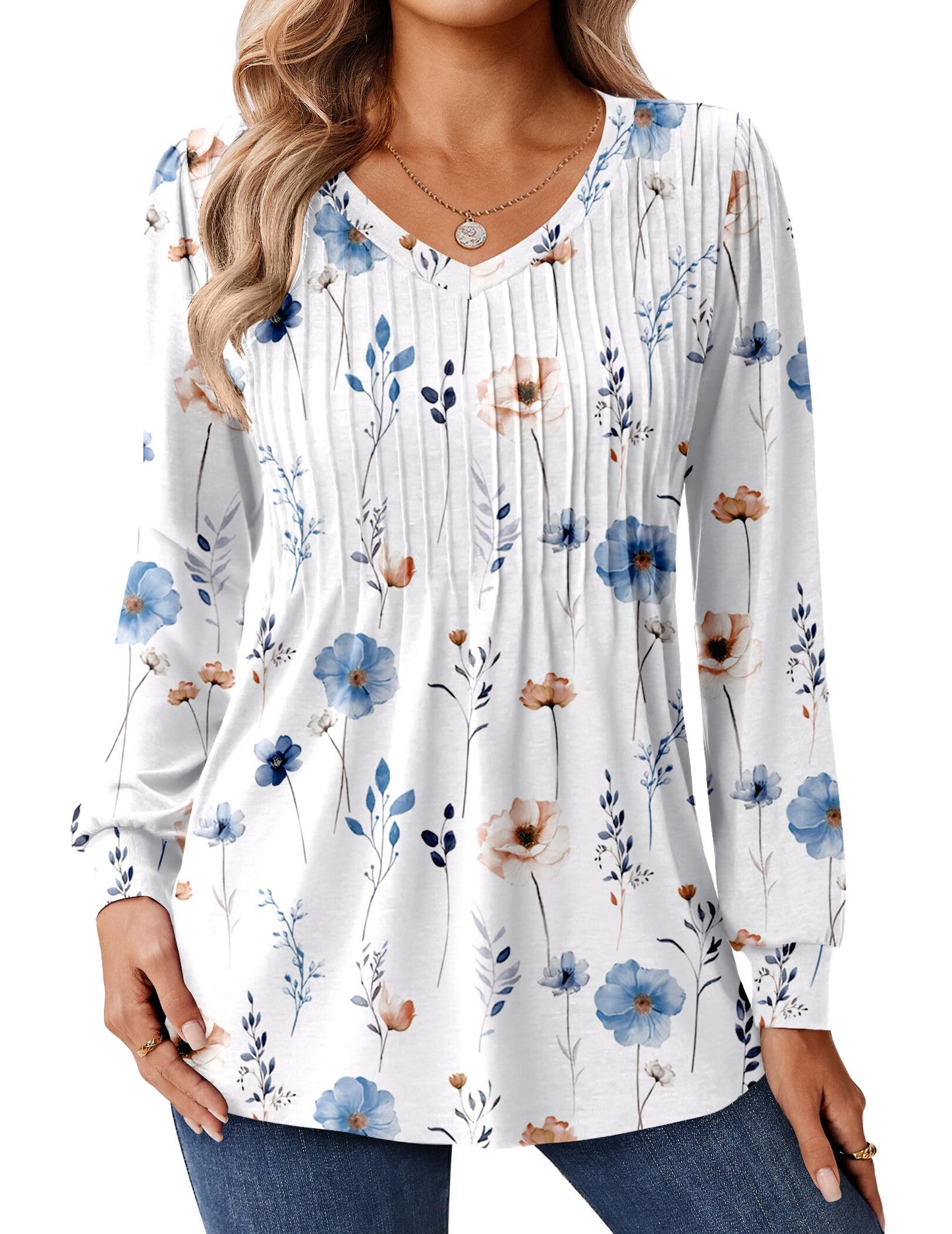 Zeagoo Long Sleeve Shirts for Women Casual V Neck Top Pleated Floral Boho Blouses 2025 Fall Tunics