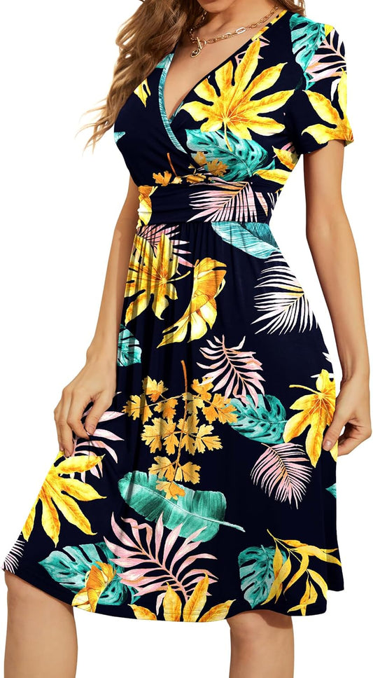 WEACZZY Women's Summer Short Sleeve Casual Dresses V-Neck Floral Party Dress with Pockets