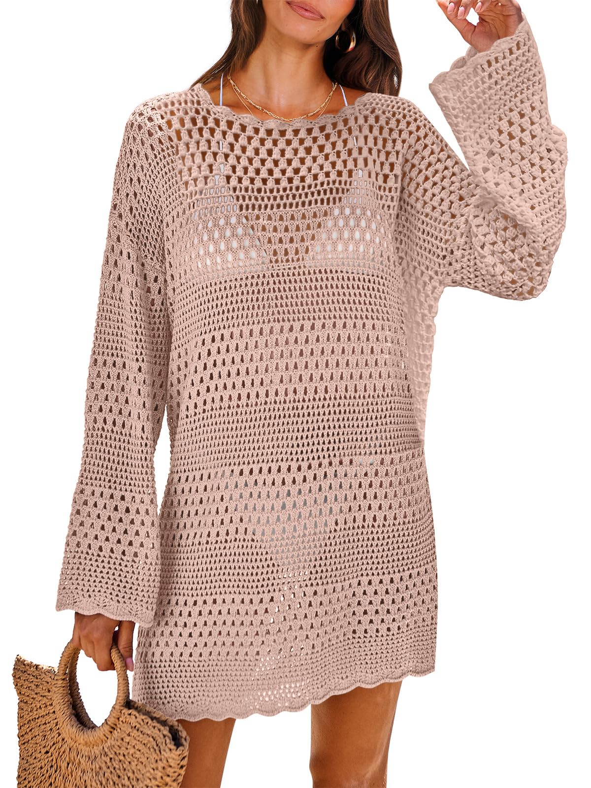 ANRABESS Women Swimsuit Crochet Swim Cover Up 2025 Summer Bathing Suit Swimwear Mesh Knit Beach Dress Vacation Outfits