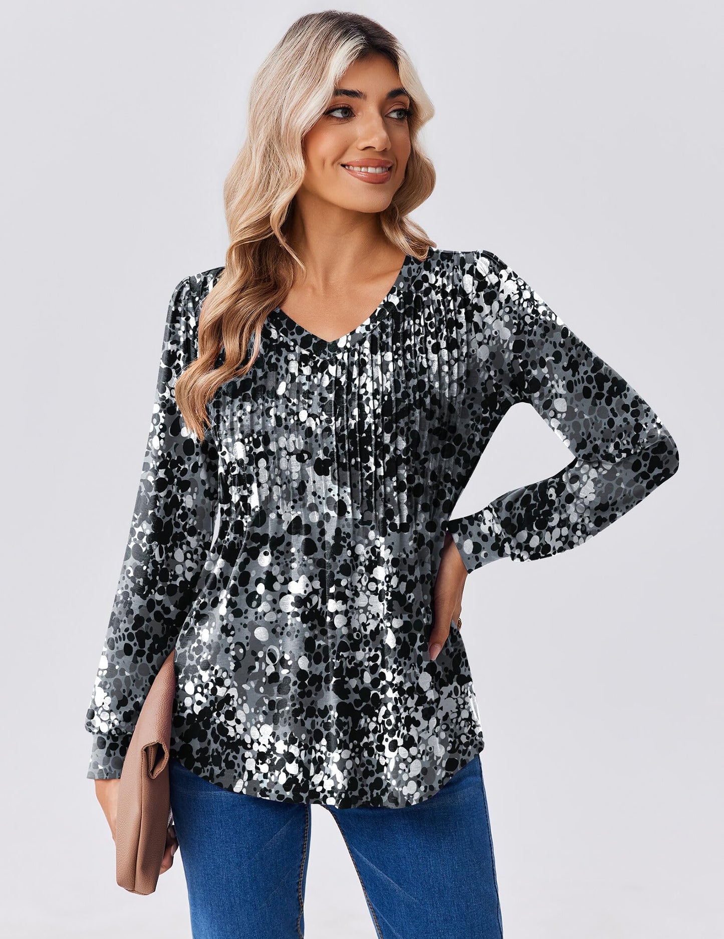 Zeagoo Long Sleeve Shirts for Women Casual V Neck Top Pleated Floral Boho Blouses 2025 Fall Tunics