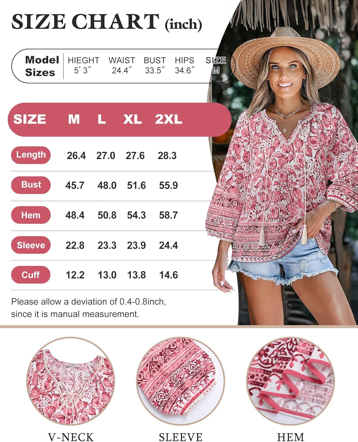 Vivilli Womens Boho Tops Casual V Neck 3/4 Sleeve Blouses Floral Print Shirt Tie Front Flowy Vacation Clothes
