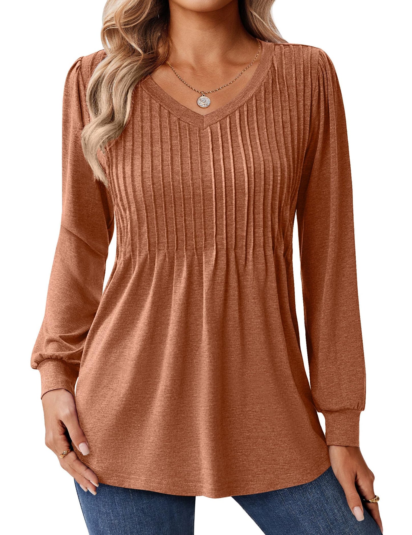 Zeagoo Long Sleeve Shirts for Women Casual V Neck Top Pleated Floral Boho Blouses 2025 Fall Tunics