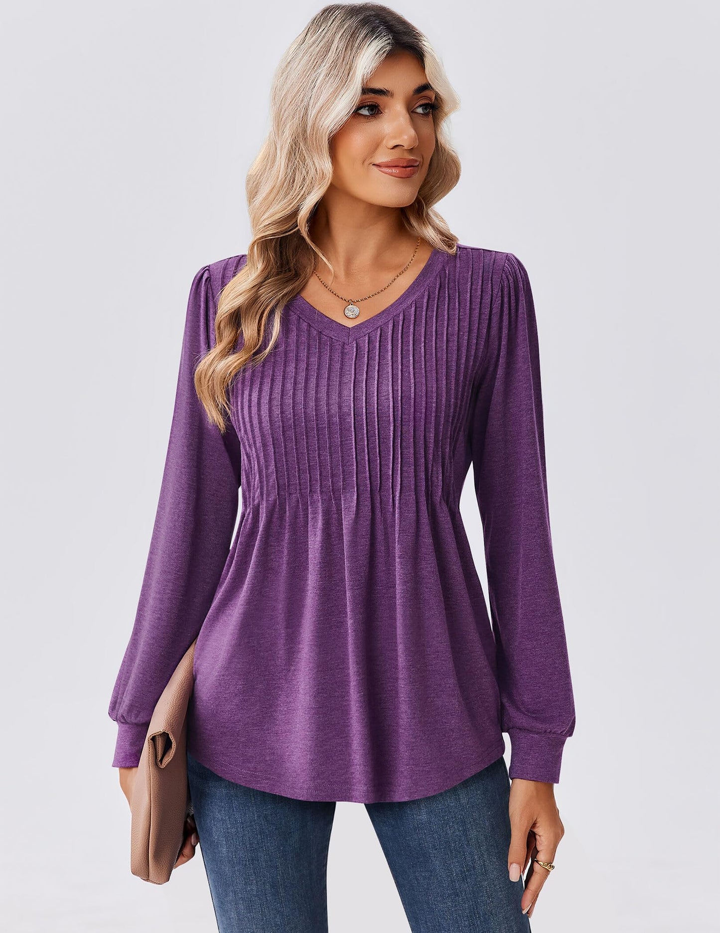 Zeagoo Long Sleeve Shirts for Women Casual V Neck Top Pleated Floral Boho Blouses 2025 Fall Tunics