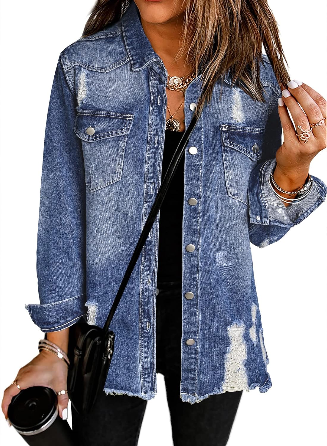 Dokotoo Women's Oversized Denim Jacket Casual Long Sleeve Denim Shirts Distresse Jean Jacket Fall Outfits 2025