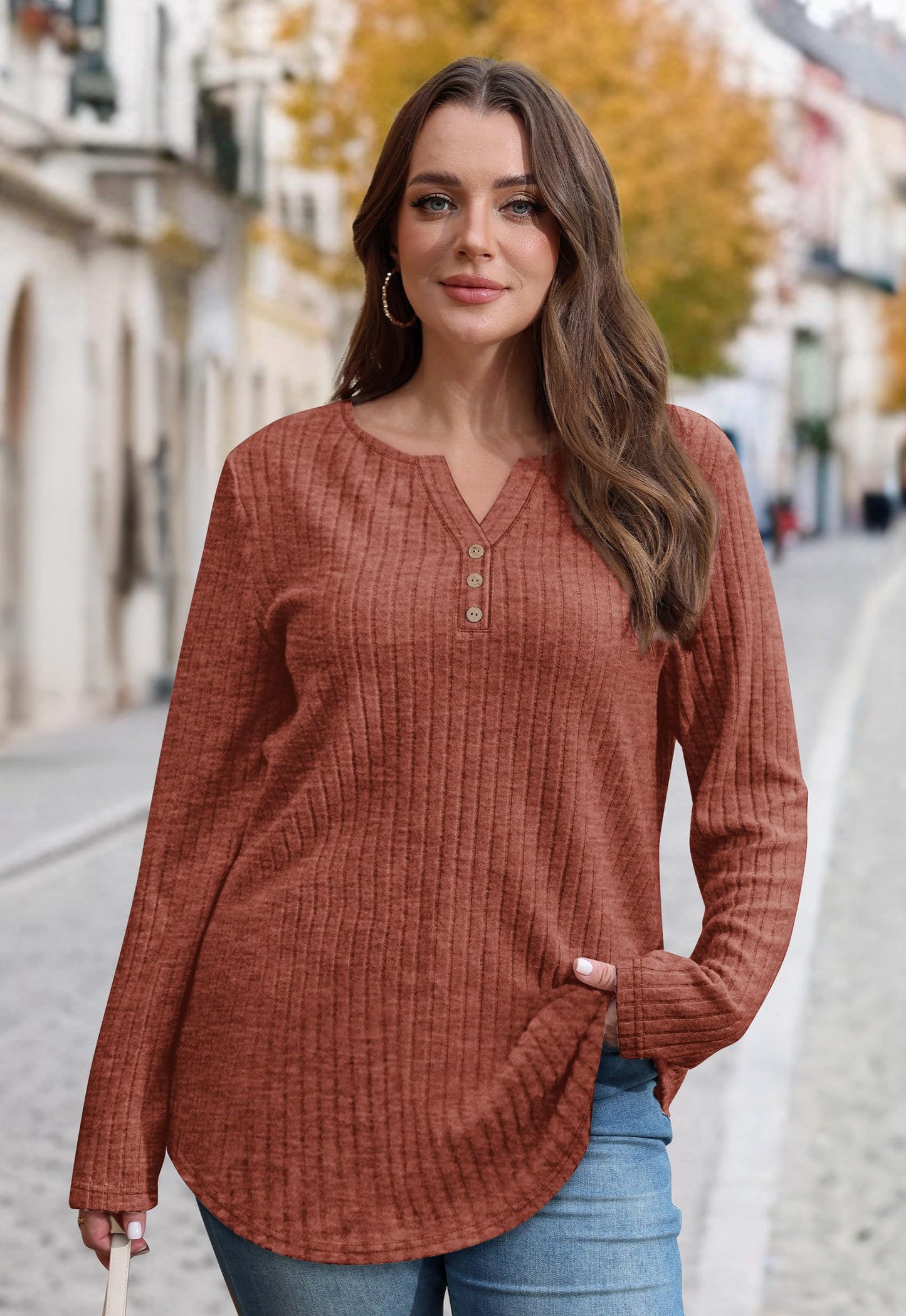 WIHOLL Sweaters for Women 2025 Long Sleeve Tops Fall Clothes Fashion Clothing V Neck Button Down Winter Thermal Shirts