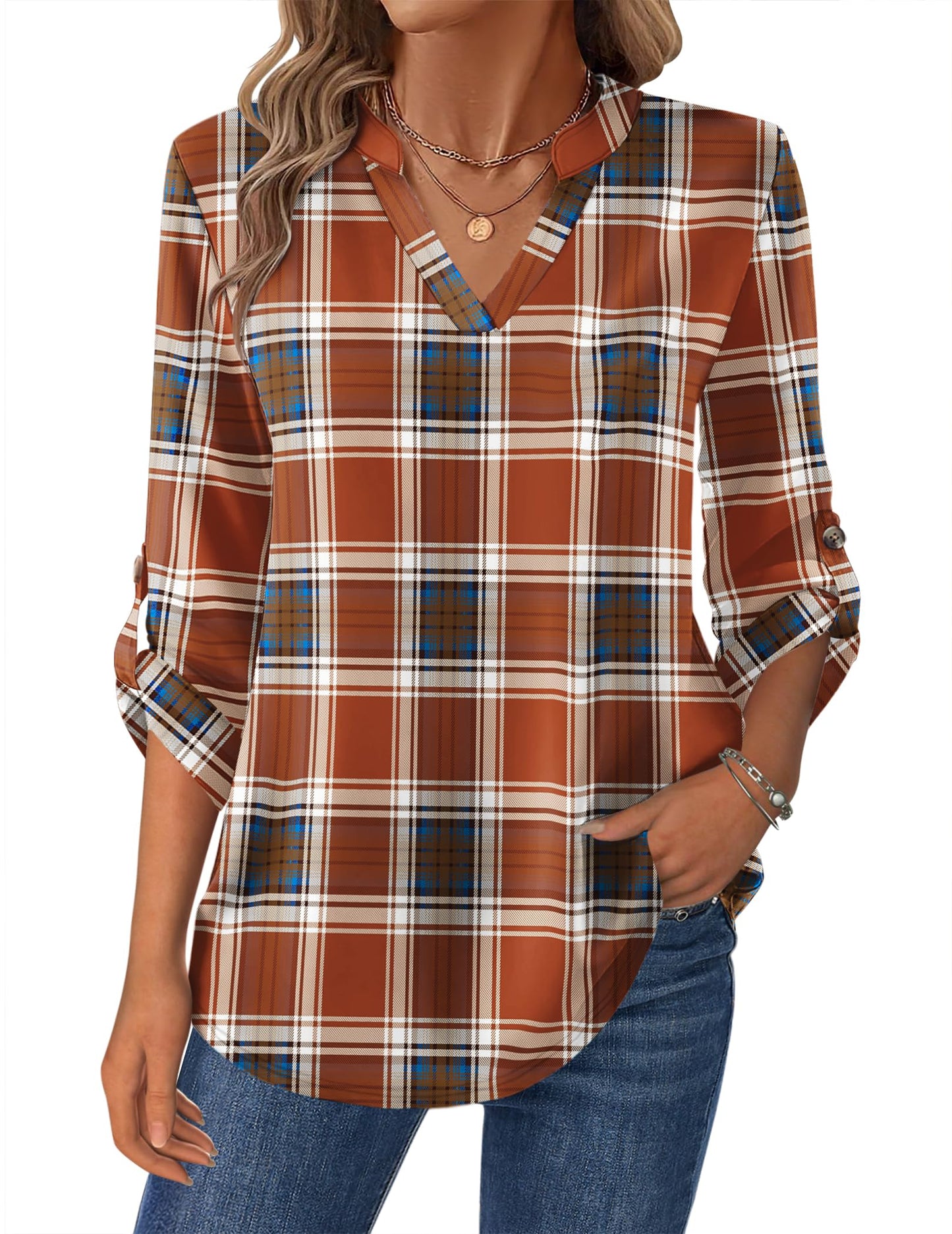 Zeagoo Womens Roll Up Long Sleeve Tops V Neck Shirts Dressy Casual Work Blouses S-2XL