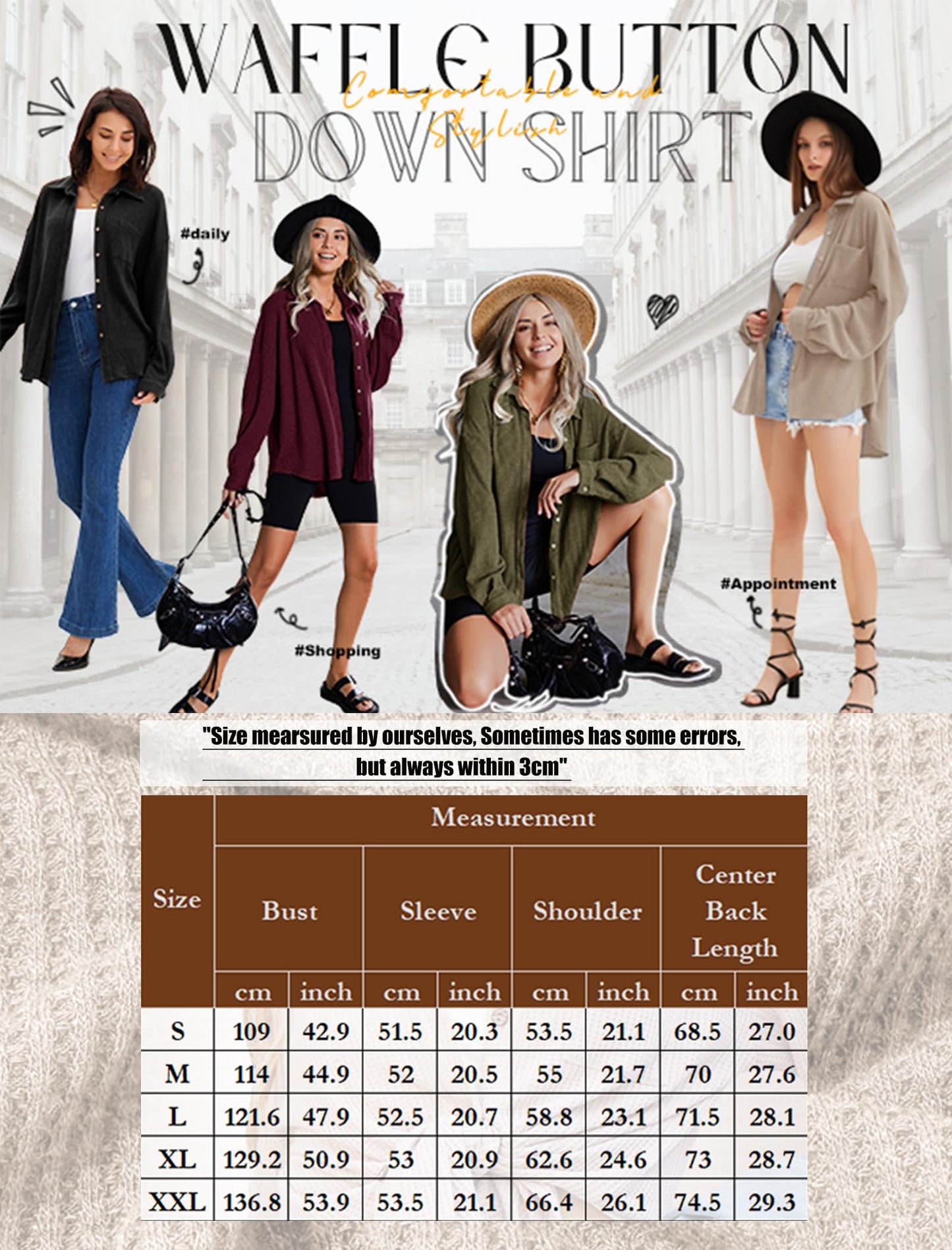HOTOUCH Waffle Button Down Shirts for Women Dressy Casual Work Shacket V Neck Long Sleeve Lightweight Tops with Pocket