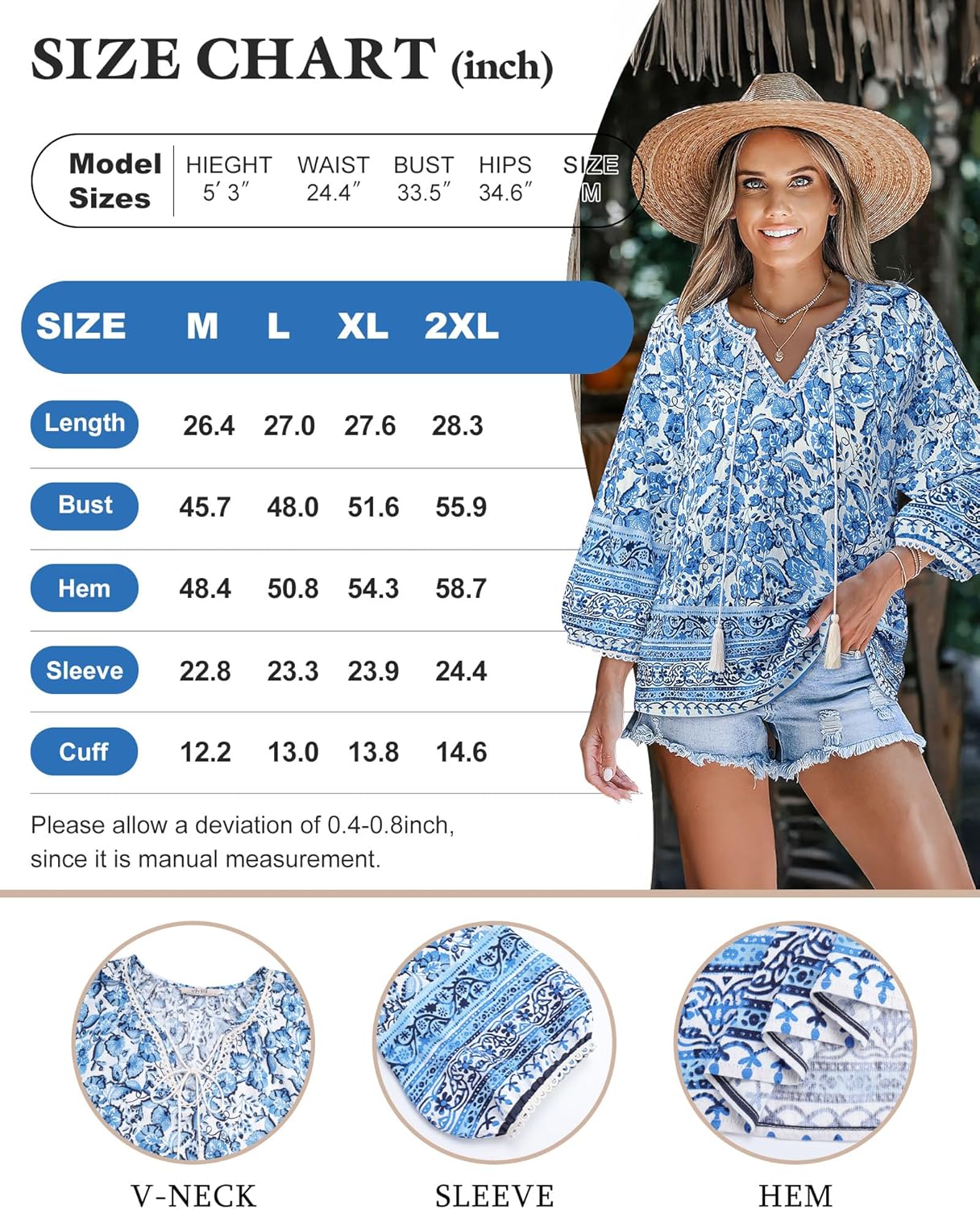 Vivilli Womens Boho Tops Casual V Neck 3/4 Sleeve Blouses Floral Print Shirt Tie Front Flowy Vacation Clothes