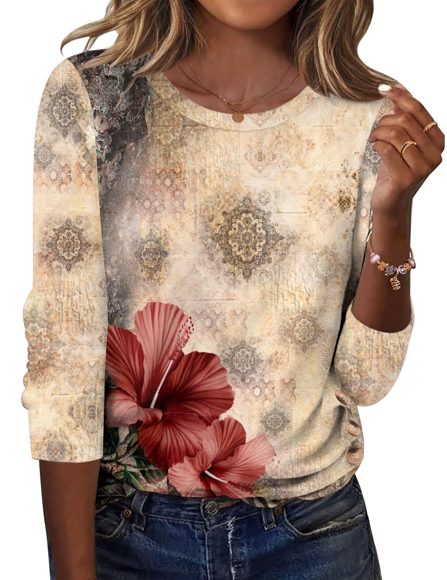 Zeagoo Womens Tops 2025 Long Sleeve Shirts for Fall Round Neck Blouses Floral Tunic Tops with Buttons Decor