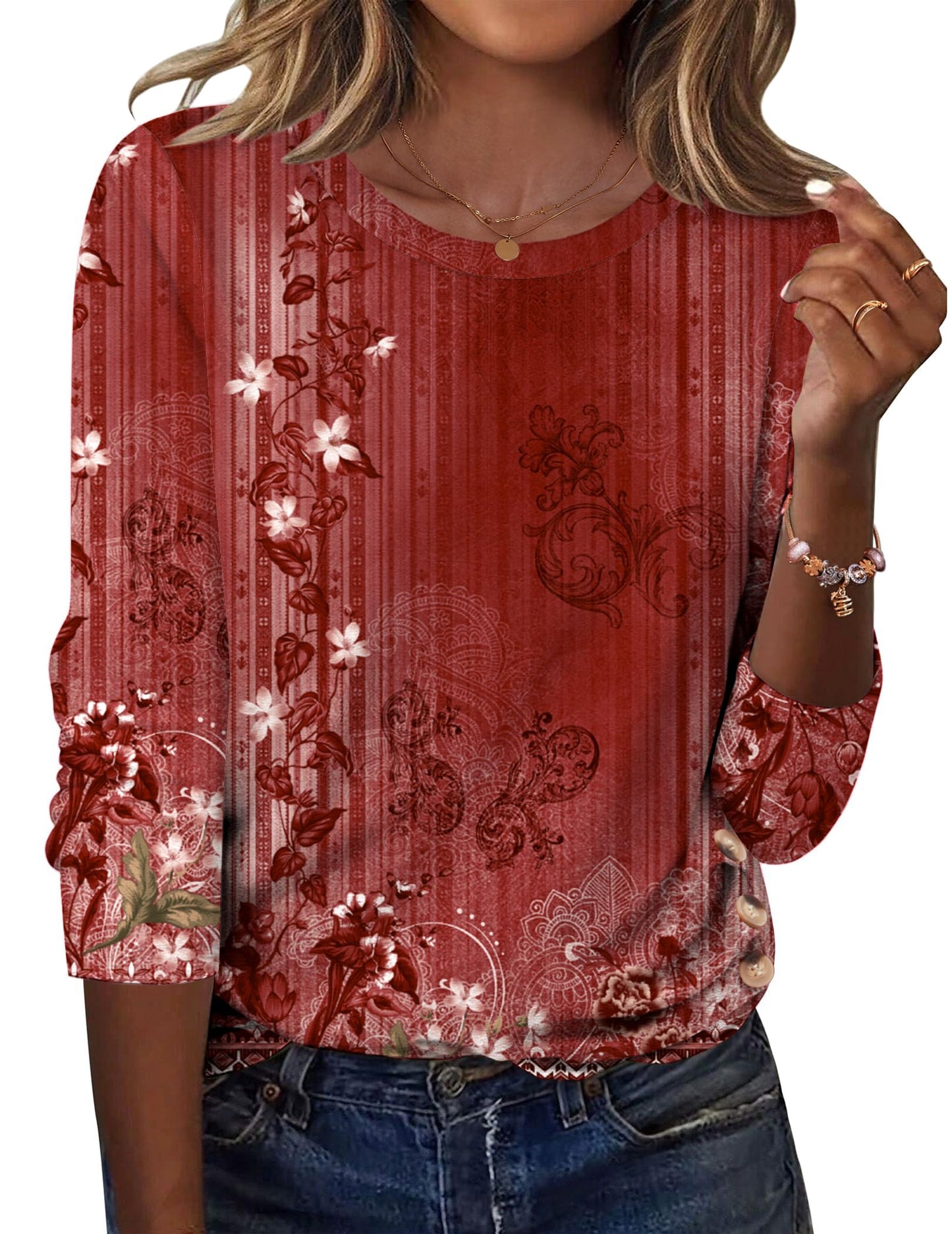 Zeagoo Womens Tops 2025 Long Sleeve Shirts for Fall Round Neck Blouses Floral Tunic Tops with Buttons Decor