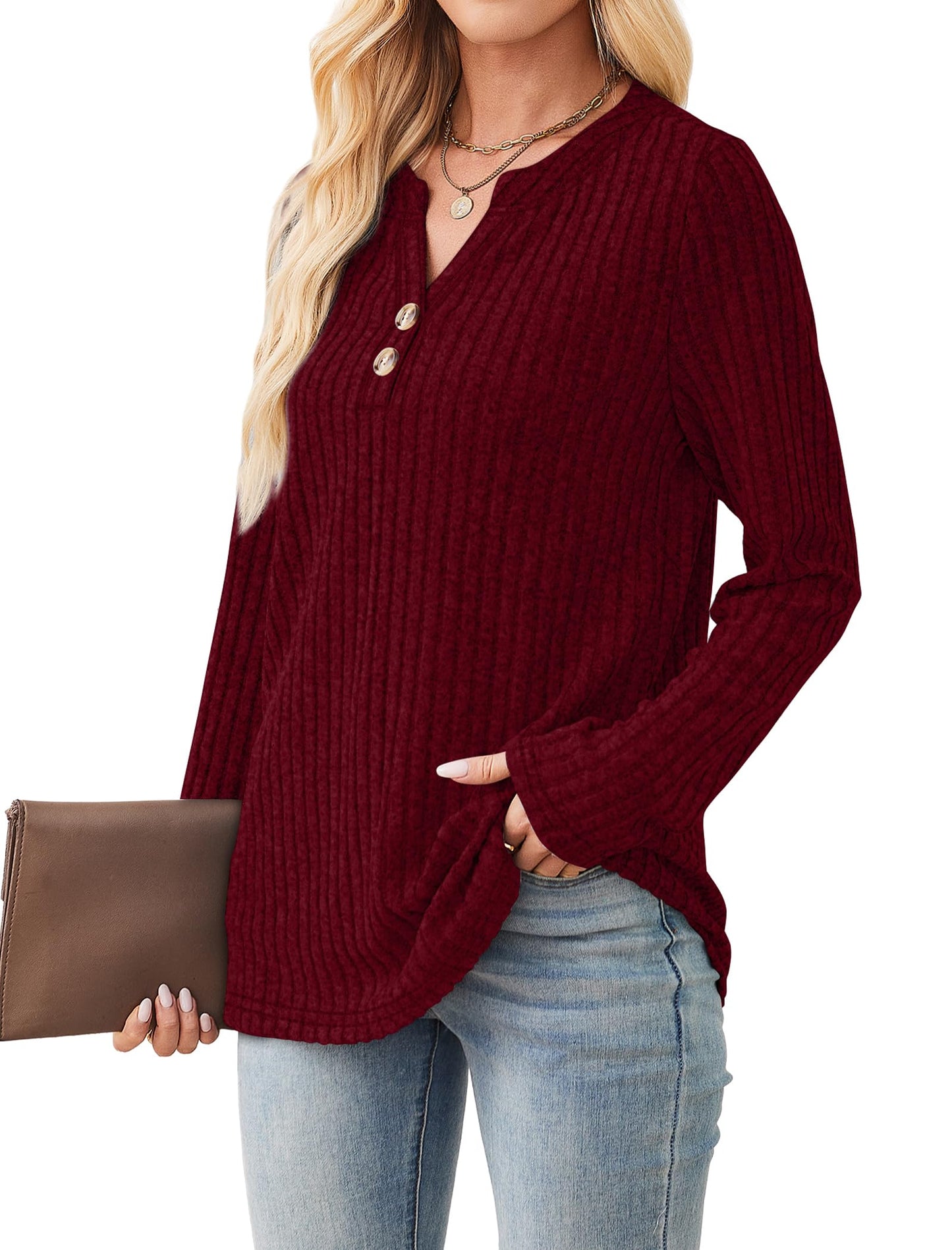 SAMPEEL Womens Sweaters Lightweight Long Sleeve Shirts V Neck Tops with Button Fall Outfits 2025