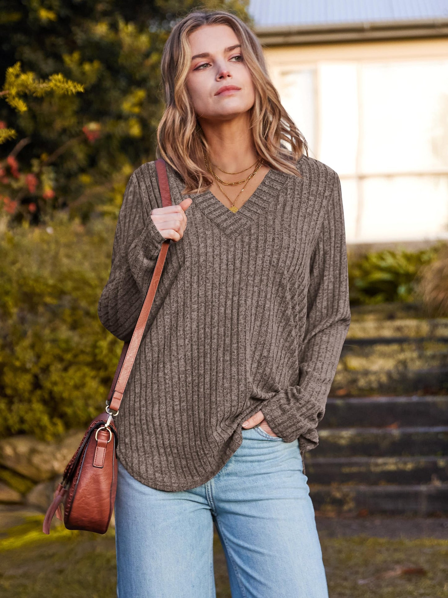 WIHOLL Long Sleeve Shirts for Women V Neck Tops Tunic Fall Winter Sweaters 2025 Clothes