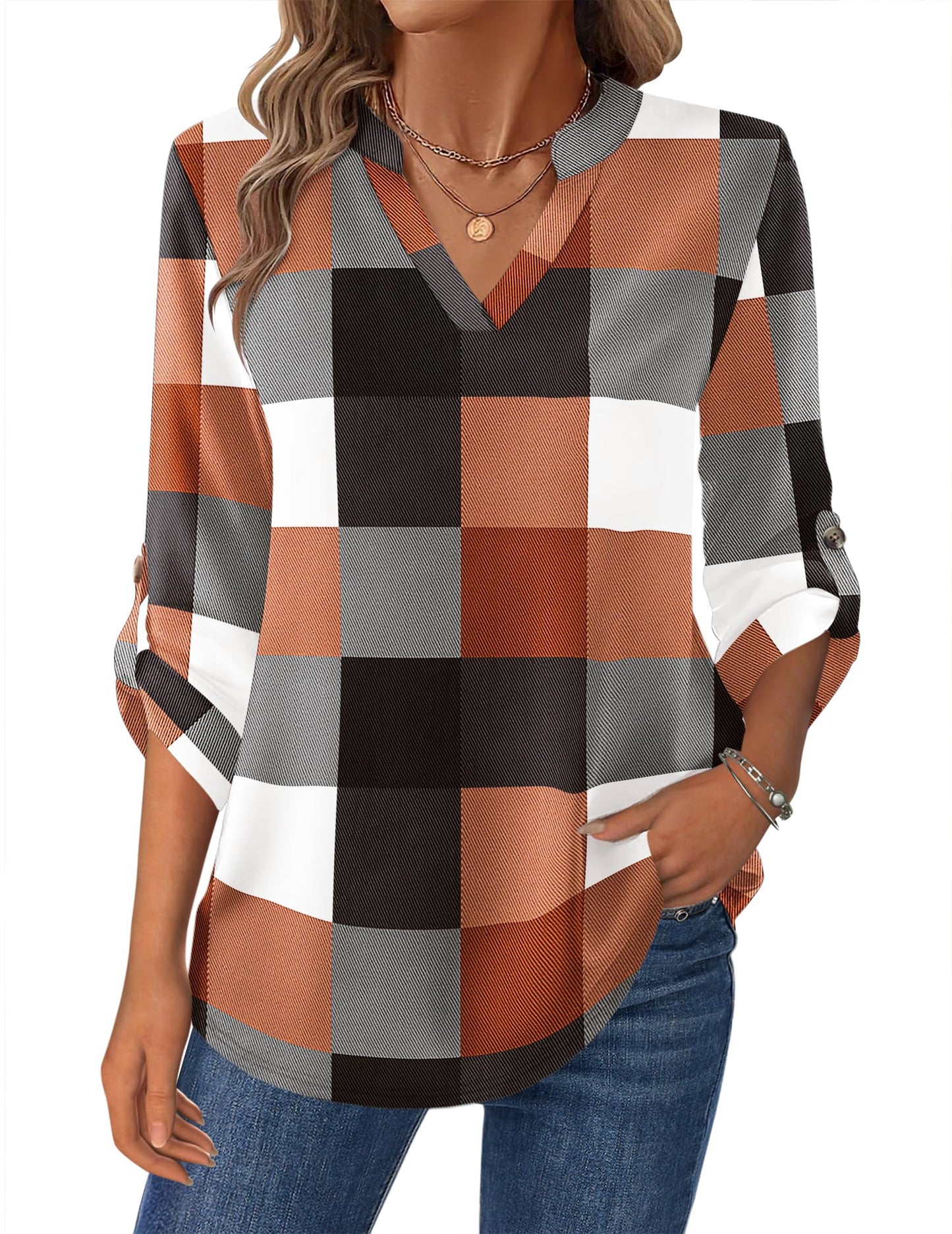 Zeagoo Womens Roll Up Long Sleeve Tops V Neck Shirts Dressy Casual Work Blouses S-2XL