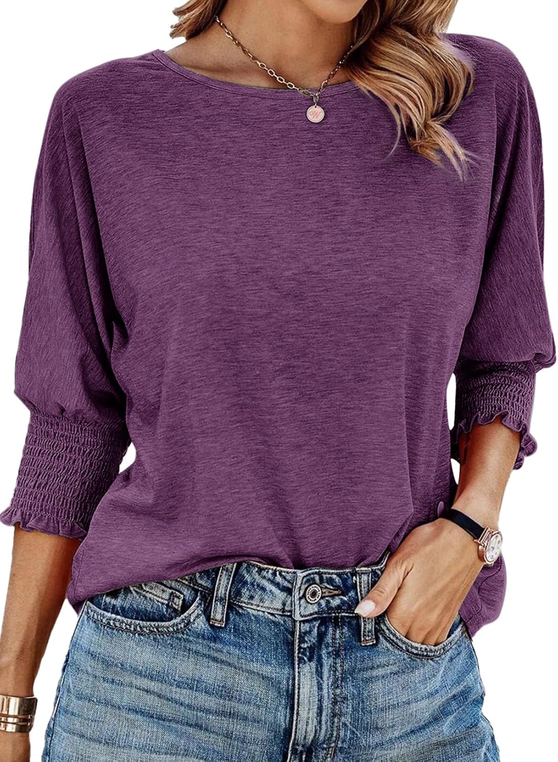 Dokotoo Women's 2025 Fashion Tops 3/4 Sleeve T-Shirts Cute Crewneck Basic Business Tees Blouses