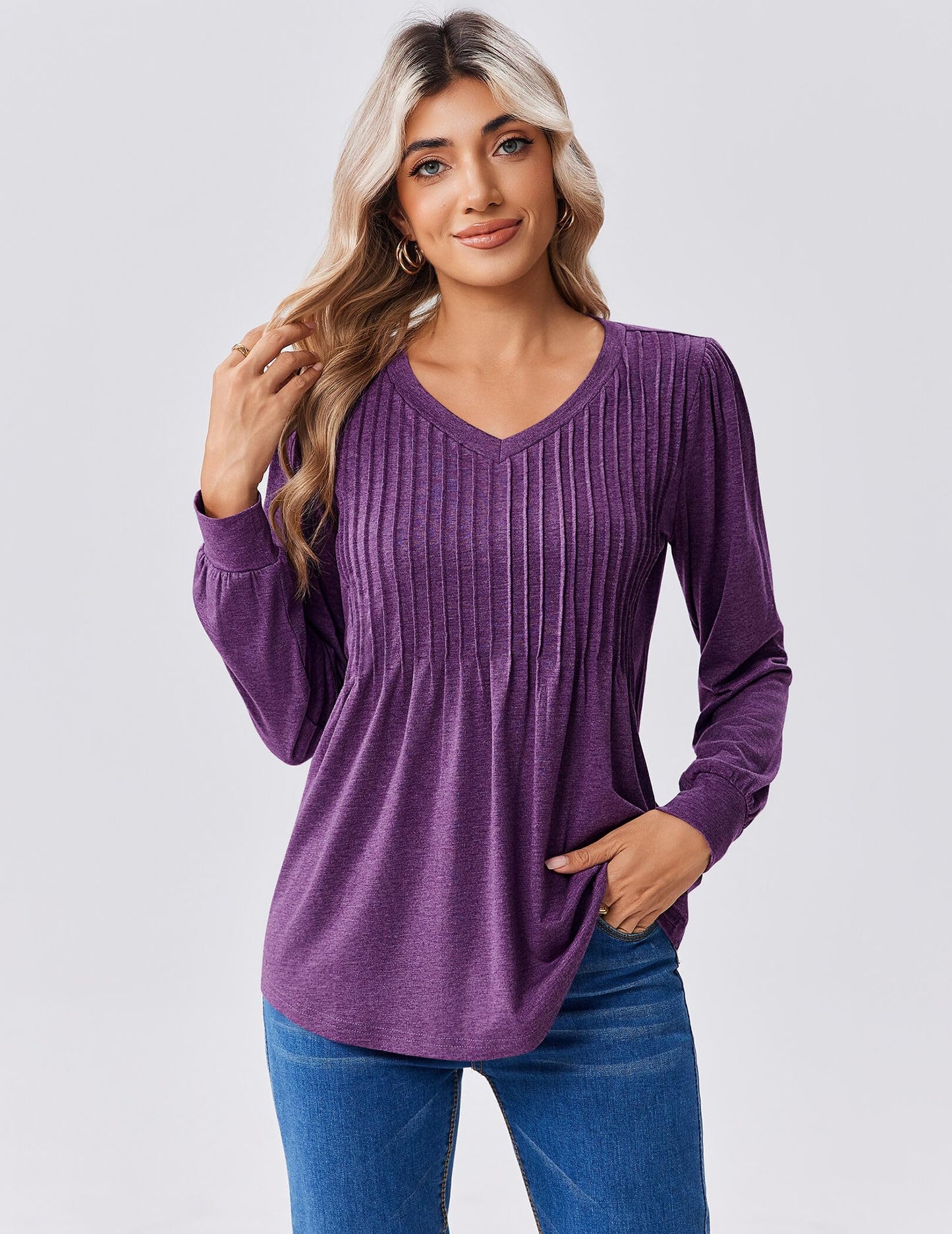 Zeagoo Long Sleeve Shirts for Women Casual V Neck Top Pleated Floral Boho Blouses 2025 Fall Tunics
