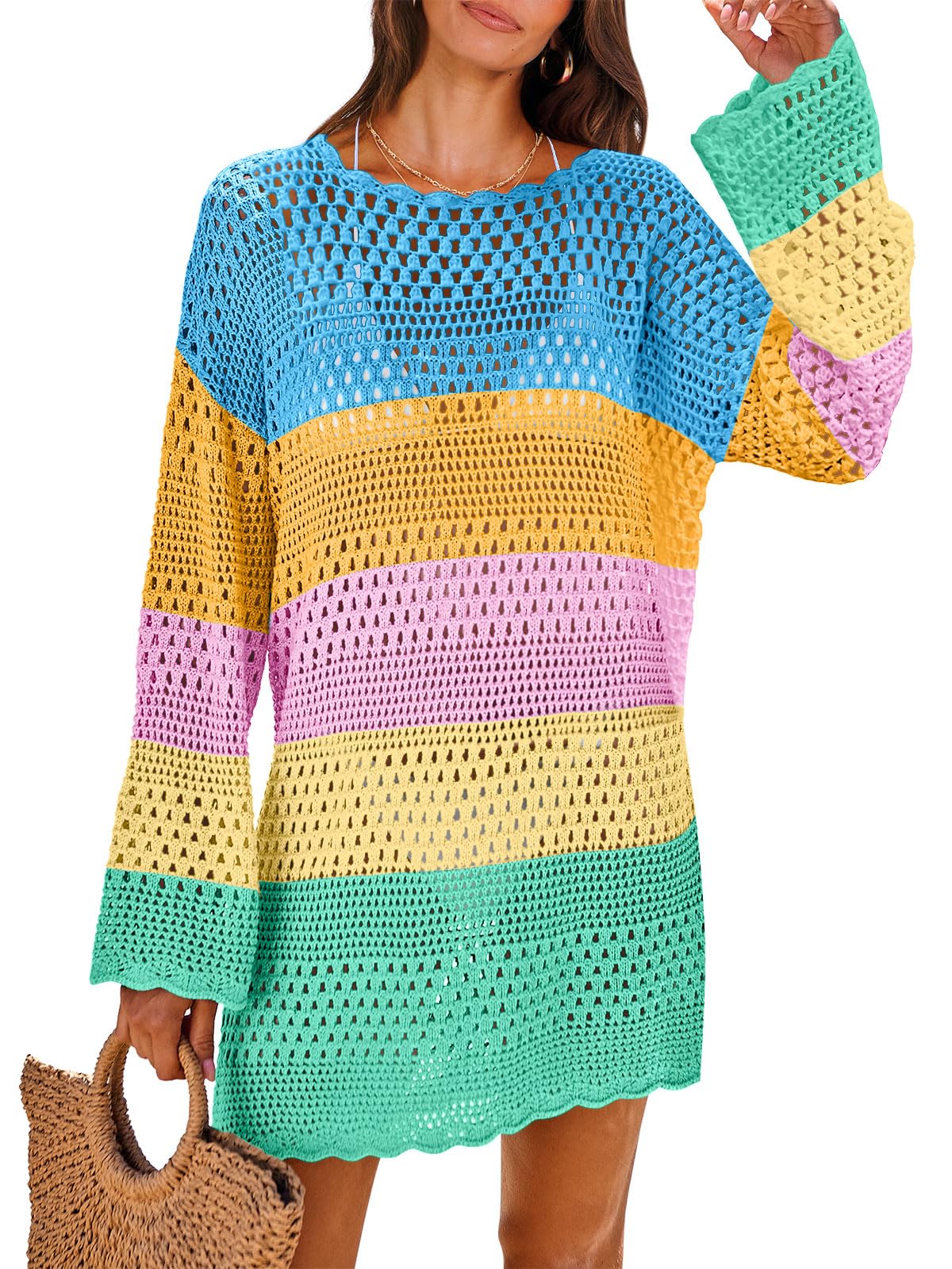ANRABESS Women Swimsuit Crochet Swim Cover Up 2025 Summer Bathing Suit Swimwear Mesh Knit Beach Dress Vacation Outfits