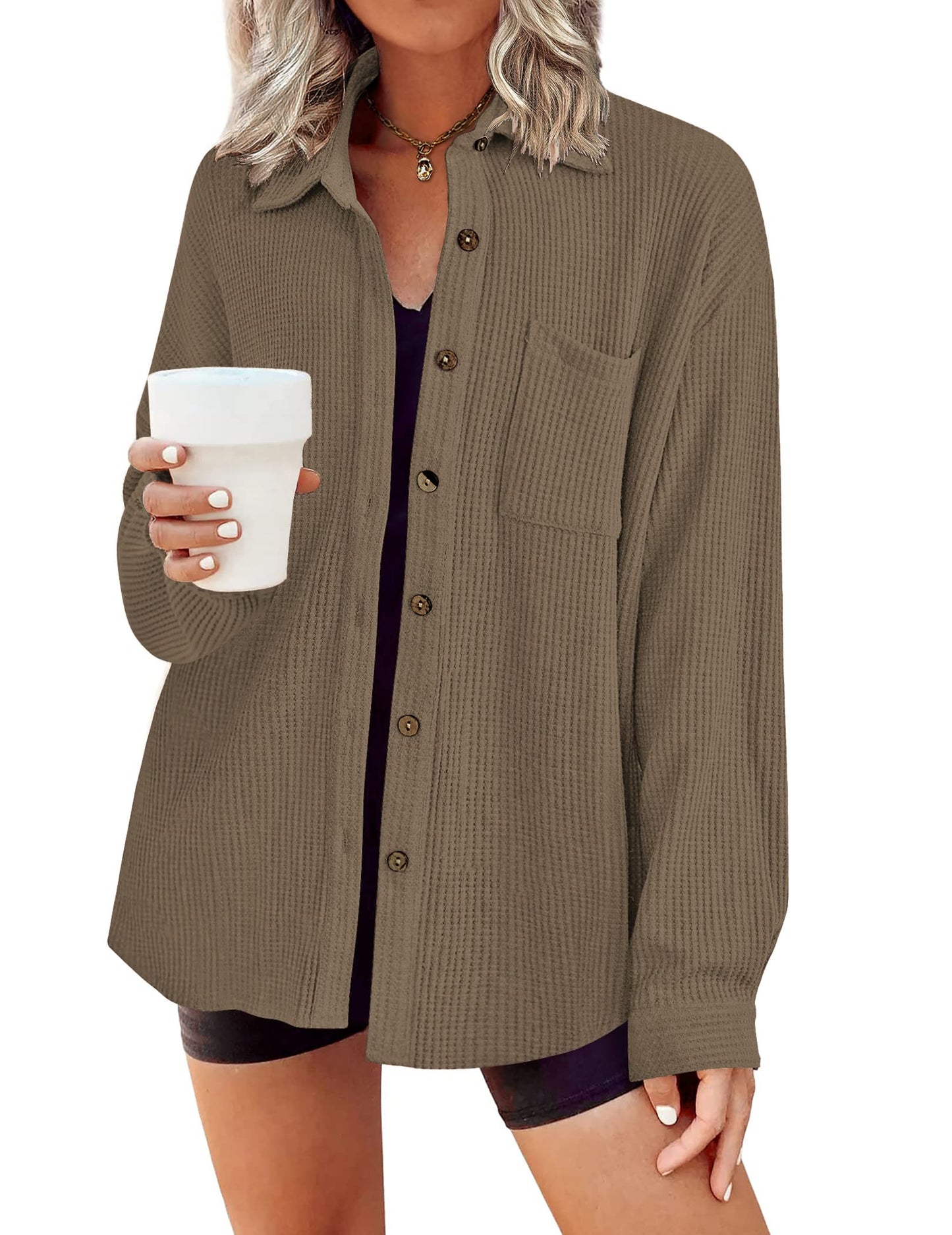 HOTOUCH Waffle Button Down Shirts for Women Dressy Casual Work Shacket V Neck Long Sleeve Lightweight Tops with Pocket