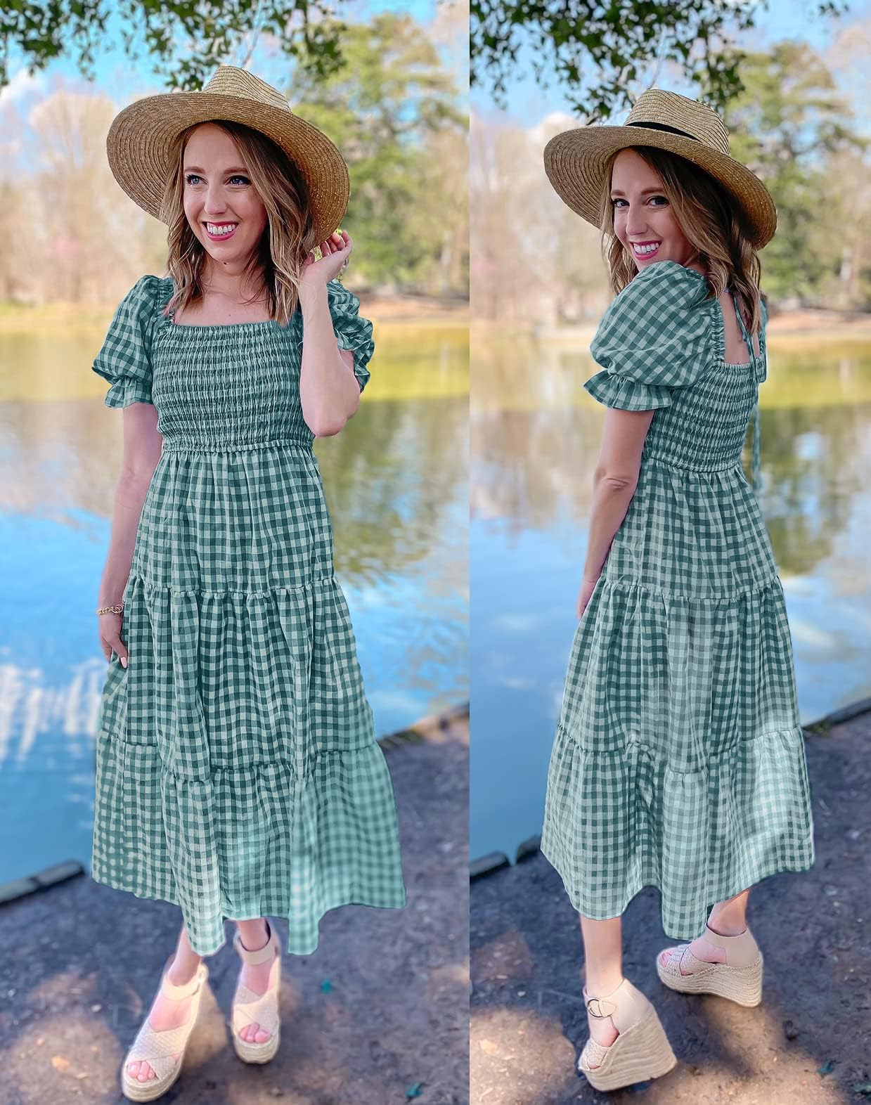 ZESICA Women's 2025 Bohemian Summer Plaid Square Neck Puff Sleeve Ruffle Flowy Beach Midi Dress