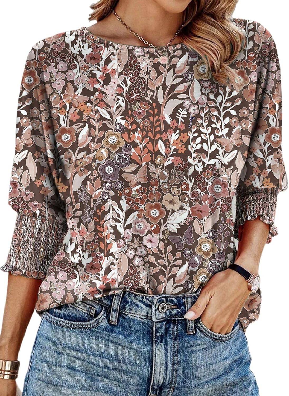 Dokotoo Women's 2025 Fashion Tops 3/4 Sleeve T-Shirts Cute Crewneck Basic Business Tees Blouses