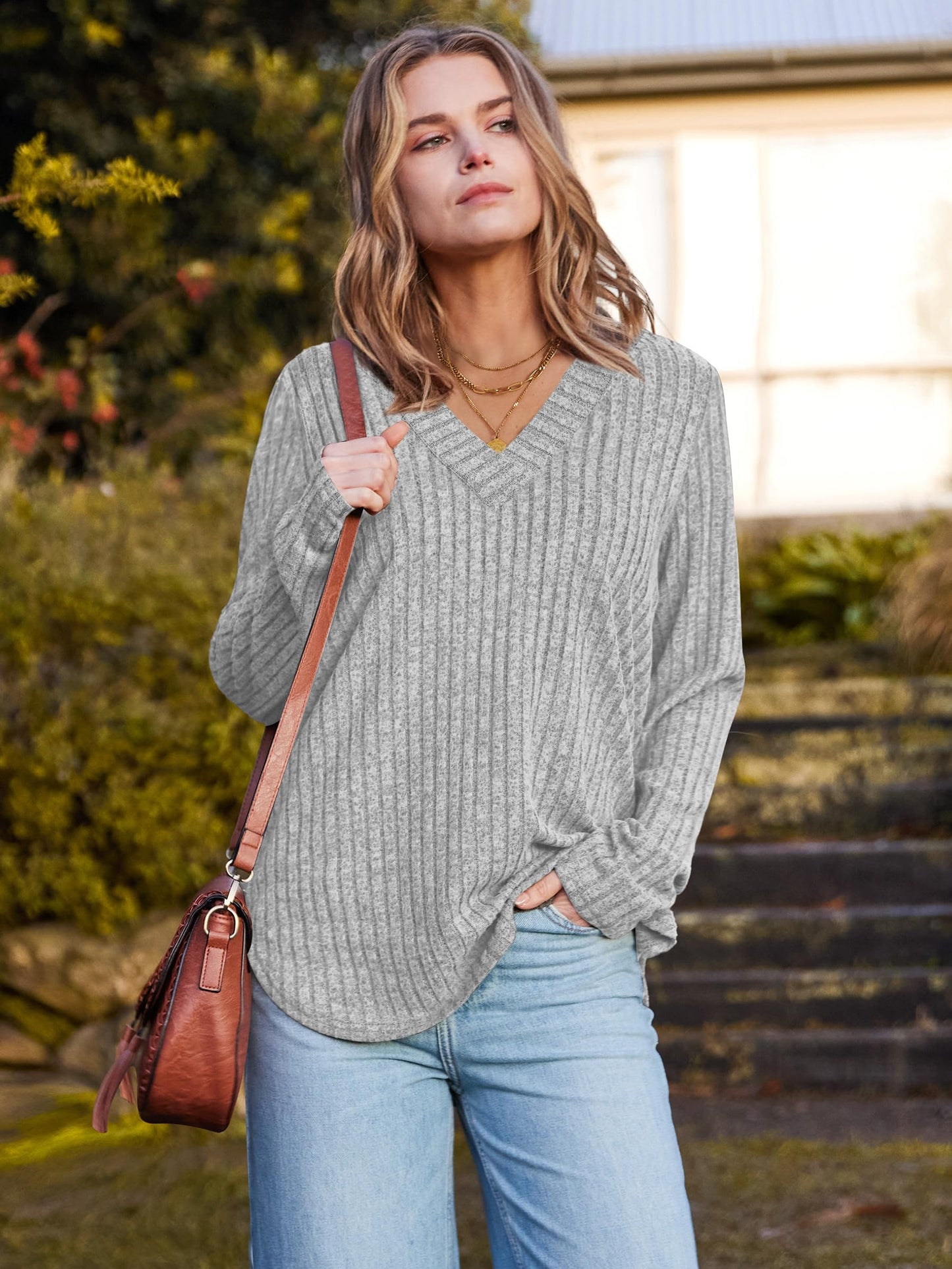 WIHOLL Long Sleeve Shirts for Women V Neck Tops Tunic Fall Winter Sweaters 2025 Clothes