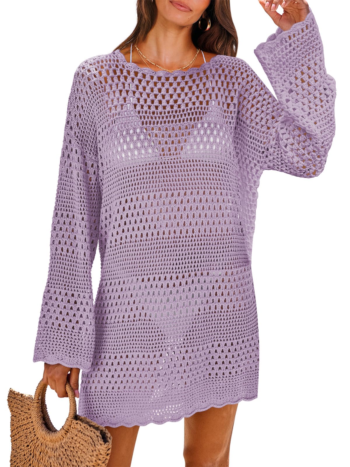 ANRABESS Women Swimsuit Crochet Swim Cover Up 2025 Summer Bathing Suit Swimwear Mesh Knit Beach Dress Vacation Outfits