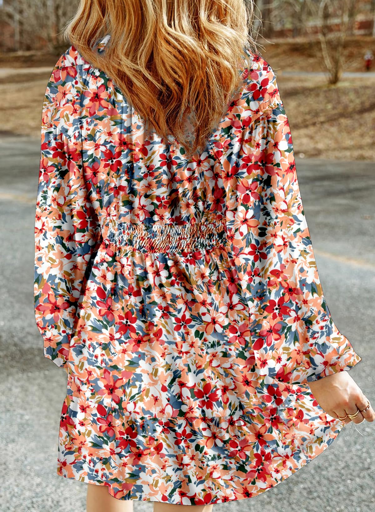 Dokotoo Fall Dresses for Women 2025 Boho Floral V Neck Long Sleeve Smocked Elastic Waist Casual A-Line Mini Dress Sundress